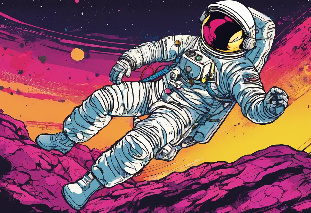 An astronaut sitting on a rock in a relaxed position, digital imaging, vector art