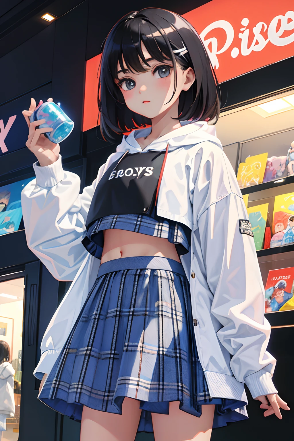 (child),(masterpiece,Highest Quality),Crop Top Look,Pastel Hoodie,(gingham checked skirt),A dark-haired,World of toys