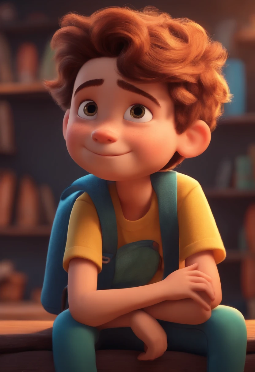 Image of a boy for a story in a YouTube video in Pixar format, He's the  allabester, He's the class leader, He's outgoing, Playful and gets up for a lot of things, cabelo curto