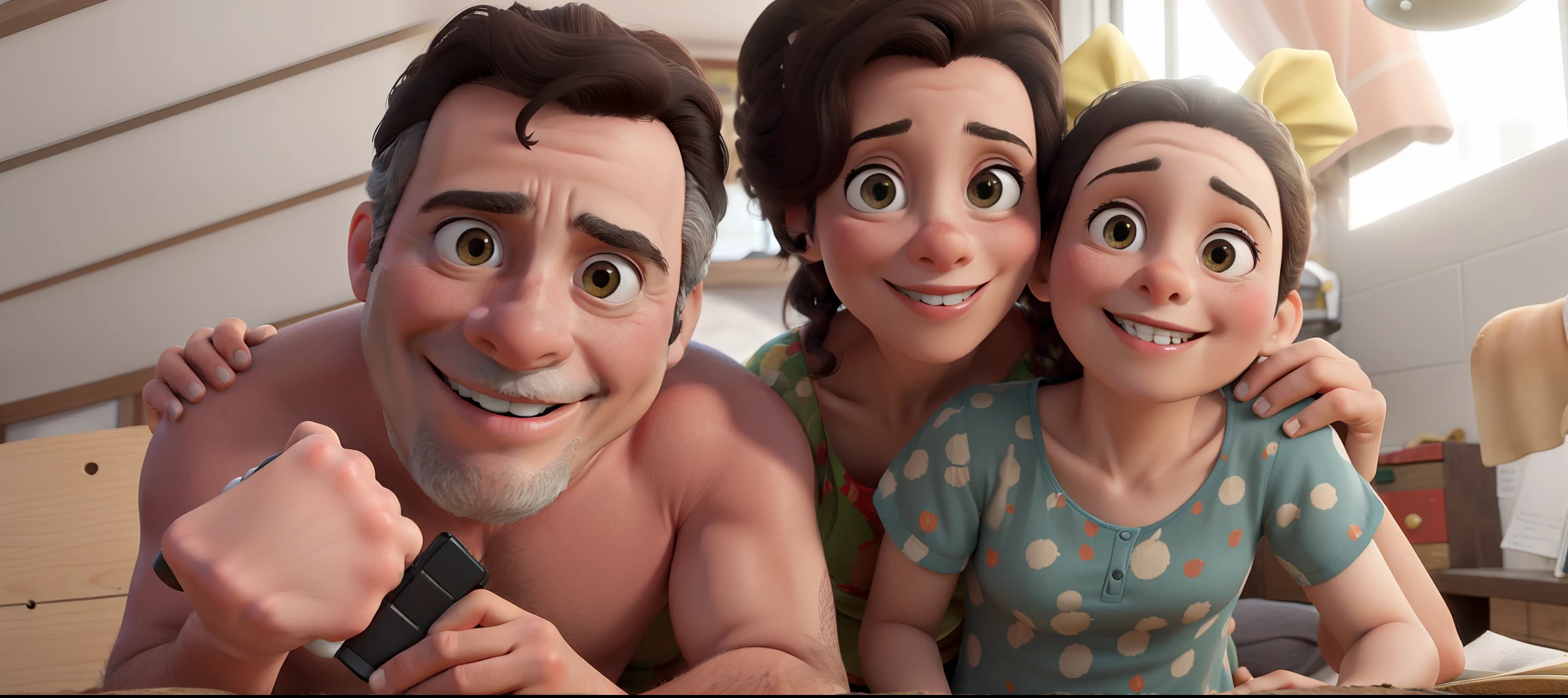 Obra-prima, de melhor qualidade, Pai de 43 anos com a Esposa de 39 anos e filha de 3 anos. Usar fundo da imagem casa feliz