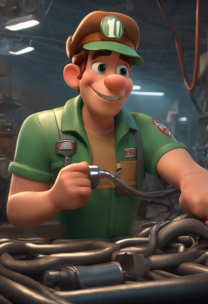 make a man working as auto mechanic like Disney Cartoon, He's got a uniform on, Cap on the head written MG hoses, He is next door to an auto parts factory called MG HOSES, Pixar, ..3d, Disney
