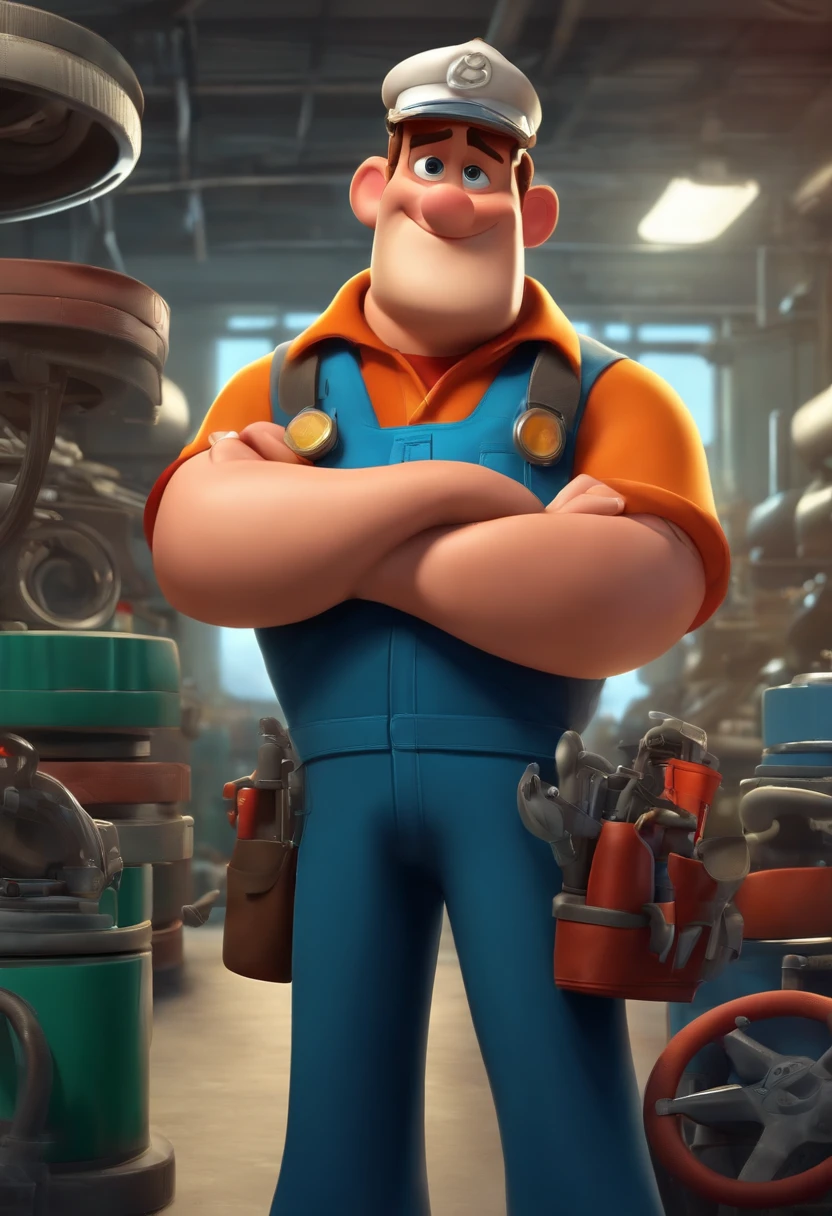 make a man working as auto mechanic like Disney Cartoon, He's got a uniform on, Cap on the head written MG hoses, He is next door to an auto parts factory called MG HOSES, Pixar, ..3d, Disney