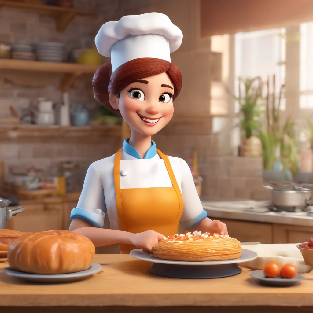 Crie uma cena de desenho animado  estilo 3d -Pixar, Onde uma mulher, de cabelos lisos castanhos com 35 anos de idade, She's cooking dressed as a pastry chef.