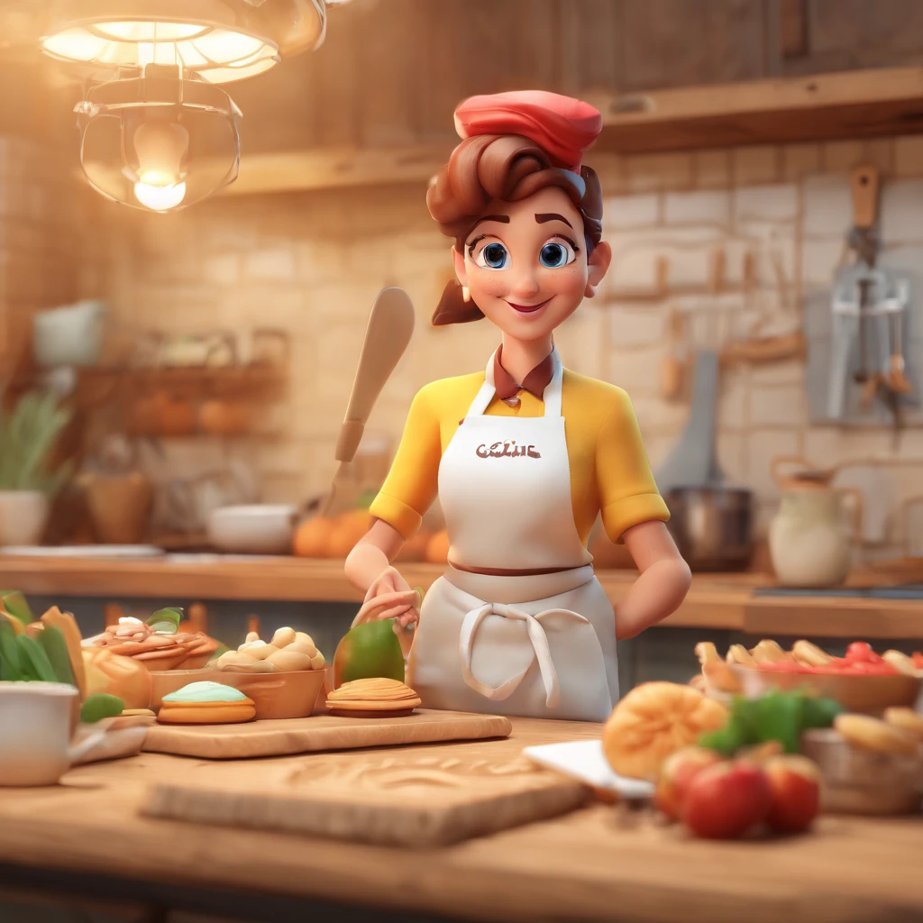 Crie uma cena de desenho animado  estilo 3d -Pixar, Onde uma mulher, de cabelos lisos castanhos com 35 anos de idade, She's cooking dressed as a pastry chef.