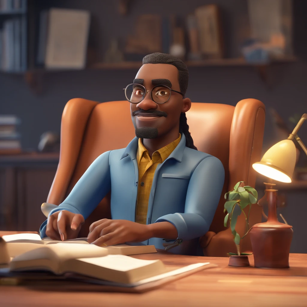 Crie um cartaz inspirado na Disney Pixar com o personagem sendo o pastor Niger Martins, Um homem de cabelos grisalhos, in an office with a Bible on the table, Looking forward and serious