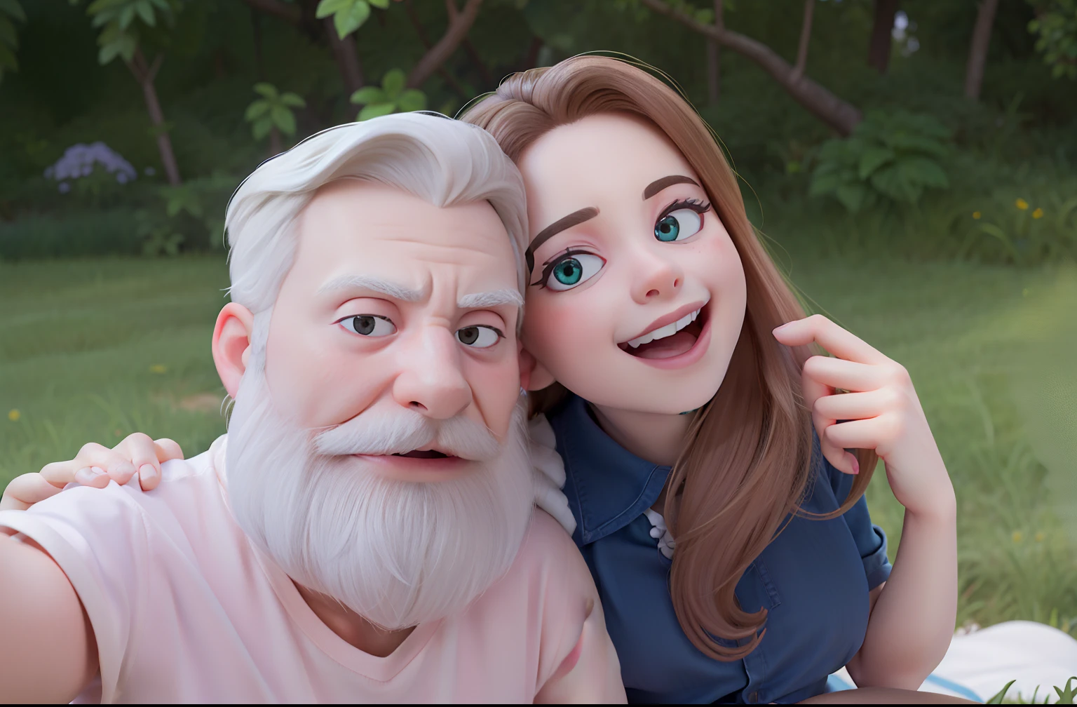 casal, Disney Animation, pela clara, Cold studio lighting, evoca sentimentos de alegria, bela artista renderizando, como um personagem pixar, homem vestindo camisa rosa clara, molher vestindo camiseta preta. Ele: 43 anos, tem cabelo grisalho curto, barba grisalha grande, olhos verdes, um pouco acima do peso. ela: cabelo castanho claro, longo, olhos castanhos. Alta qualidade, melhor qualidade