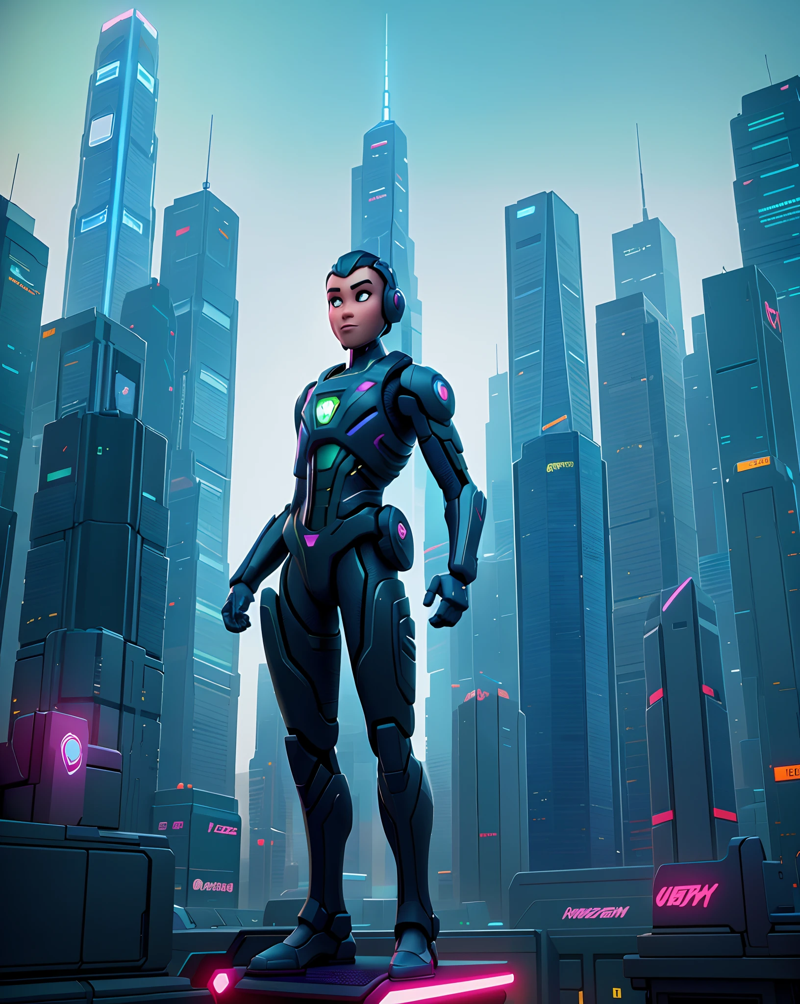 masterpiece, best quality,  A futuristic cityscape with towering skyscrapers, neon signs, and bustling crowds. In the foreground, a cyberpunk hero in a sleek exosuit, standing on a rooftop, ready for action. best quality, intricate details, clean lines, eye-catching composition, soft tones, semi realism, perfect illustration, dynamic pose, ample headroom