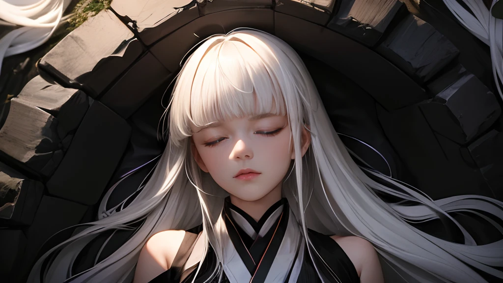 Joey is a beautiful girl with long hair,white hair,straight hair,blunt bangs,black and white Hanfu clothing, setting contains Joey closed her eyes and lying flat in a coffin,Lying on her back,face up,setting in a cave,close-up, joey facing away the camera
