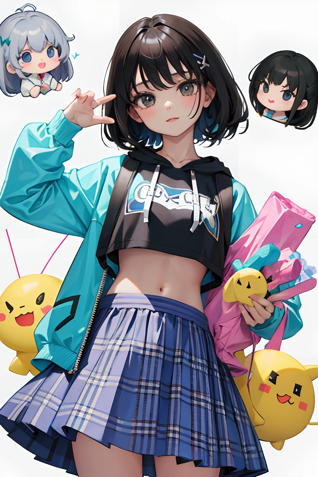 ()，（​masterpiece，Highest Quality），Crop Top Look，Pastel Hoodie，(gingham checked skirt)，A dark-haired，World of toys