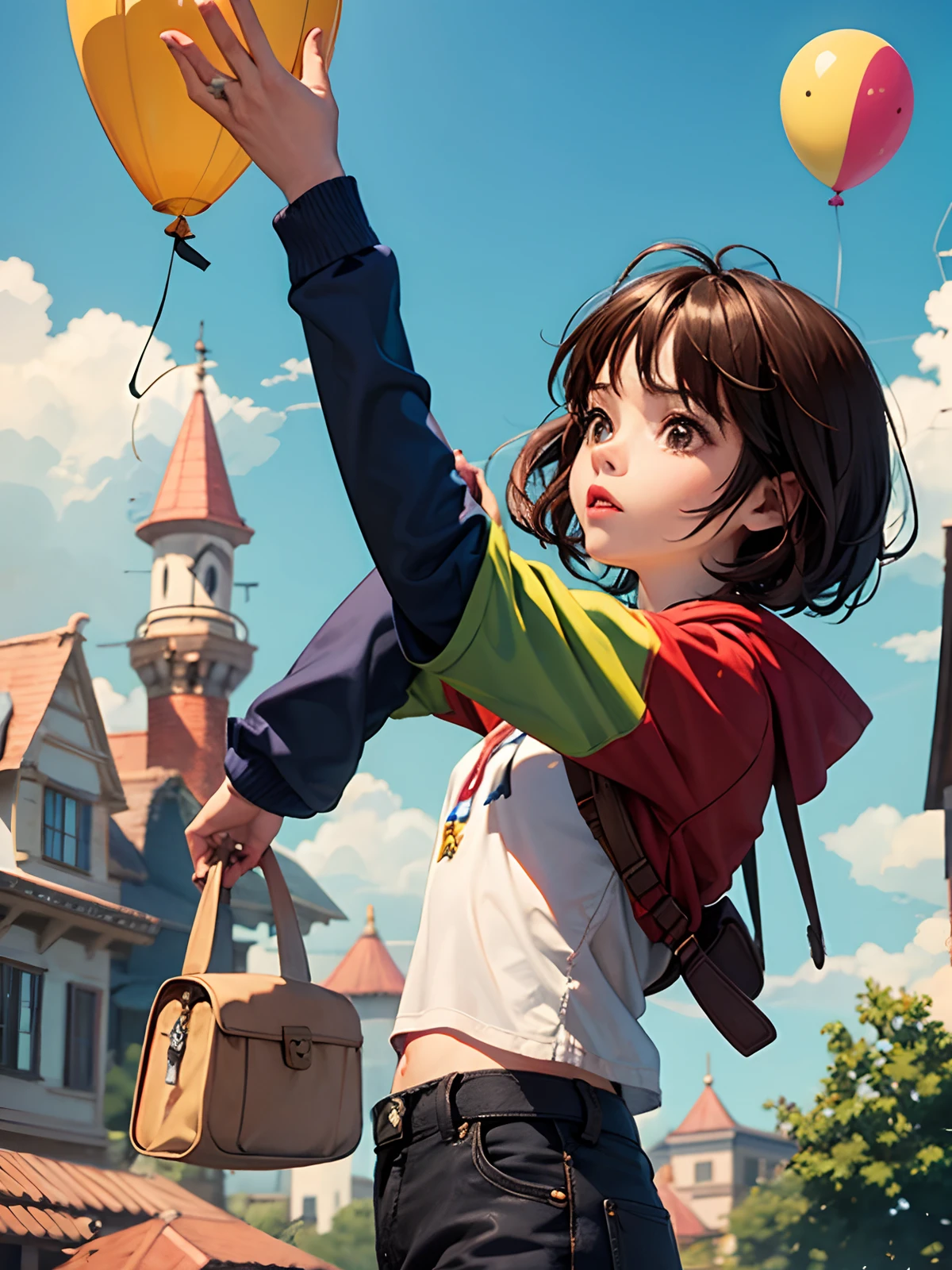 Poster do filme inspirado na Disney Pixar. A woman with brown hair and brown eyes looking at a bald man with brown eyes and with a house flying with balloons just like the house in the movie "UP High Adventures". The scene should follow the 3D pixar-like art style with a focus on the characters' expressions, Vibrant cores, created textures and features of the "UP High Adventures" animation.