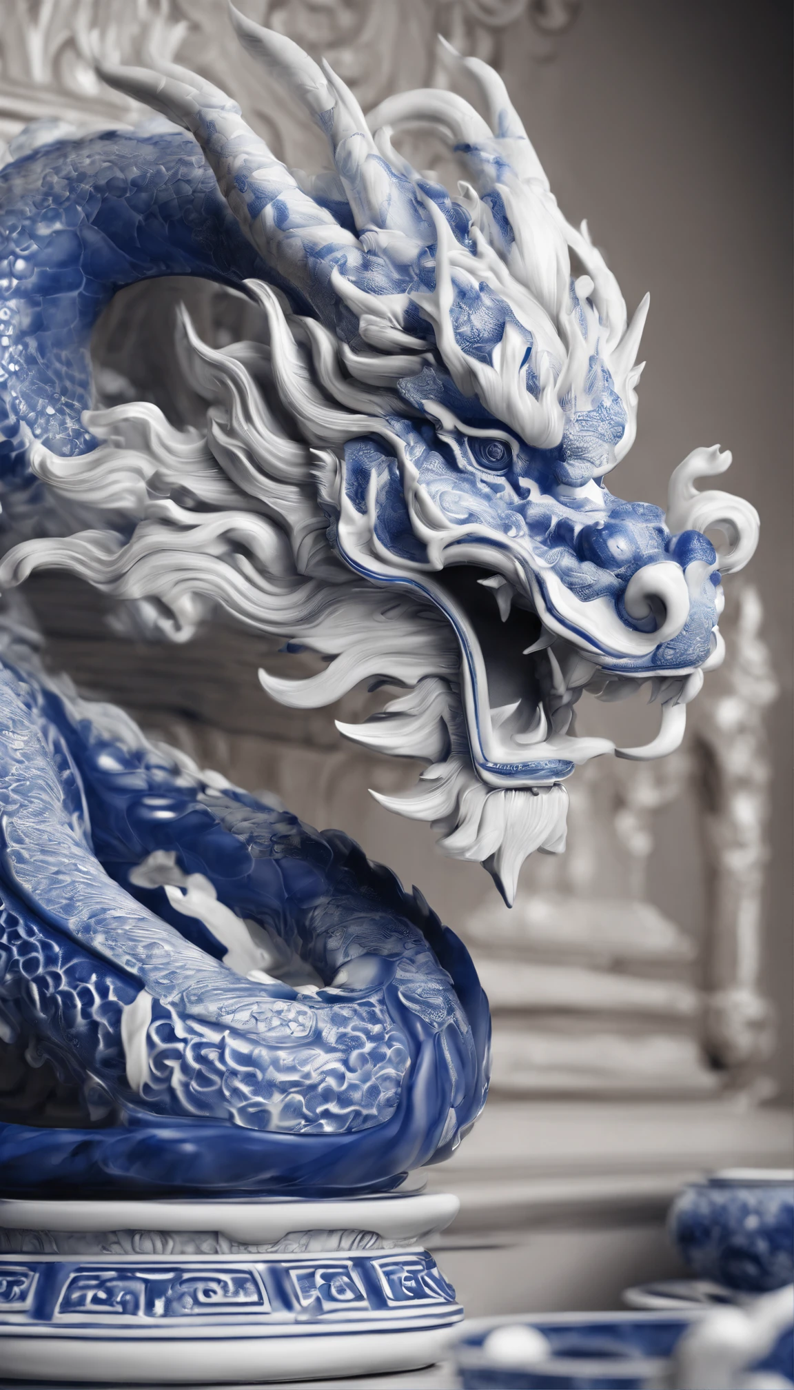 Blue and white porcelain,Ceramic Chinese dragon,Ancient style,On the table,artwork of a,Ornaments, High detail,。.3D, Chiaroscuro, Cinematic lighting, god light, Cinematic lighting, hyper HD, High details, Best quality, A high resolution, Textured skin