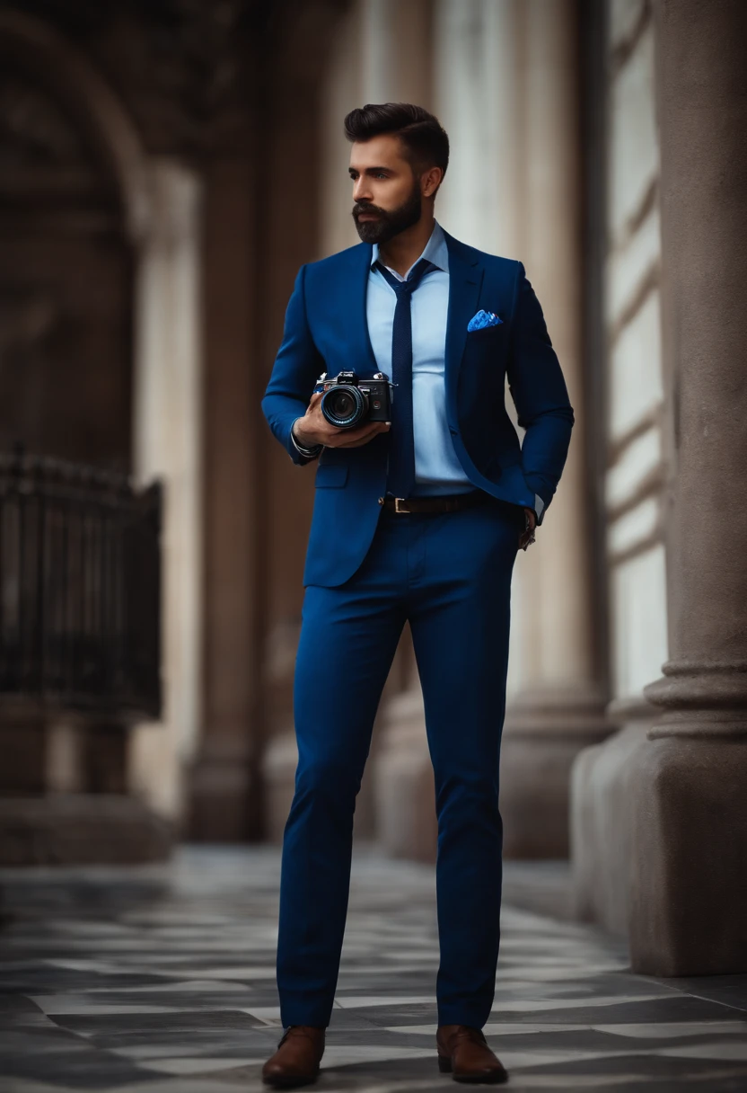 A Dream Photographer, careca com a barba preta e alguns pelos brancos, vestindo uma camisa social azul, blazer azul, Dark blue jeans, sapato social marrom escuro, with a camera on a tripod inspired by Pixar animation, de perto. The character takes center stage with captivating facial expressions, oferecendo um toque de irrealidade