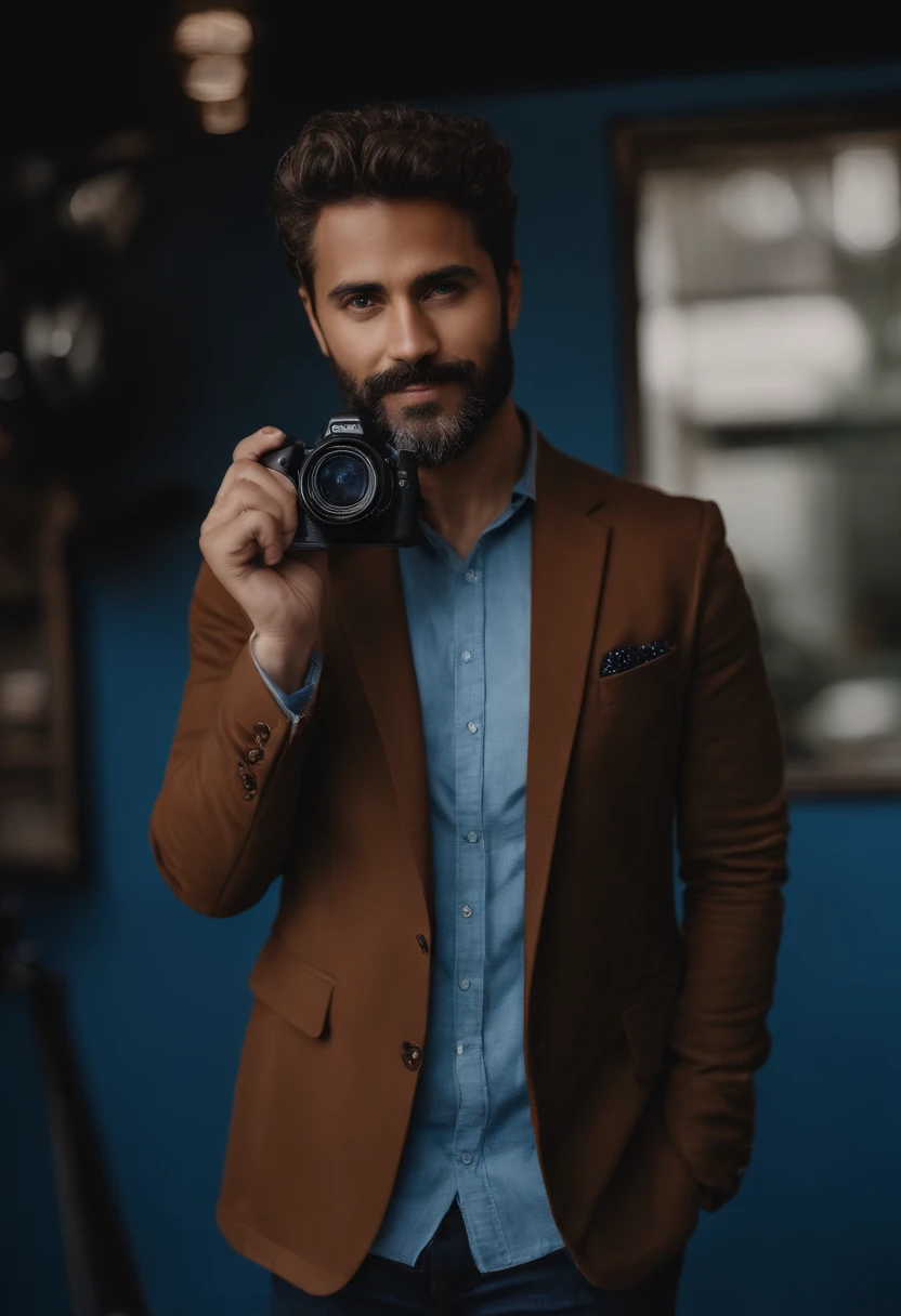A Dream Photographer, careca com a barba preta e alguns pelos brancos, vestindo uma camisa social azul, blazer azul, Dark blue jeans, sapato social marrom escuro, with a camera on a tripod inspired by Pixar animation, de perto. The character takes center stage with captivating facial expressions, oferecendo um toque de irrealidade