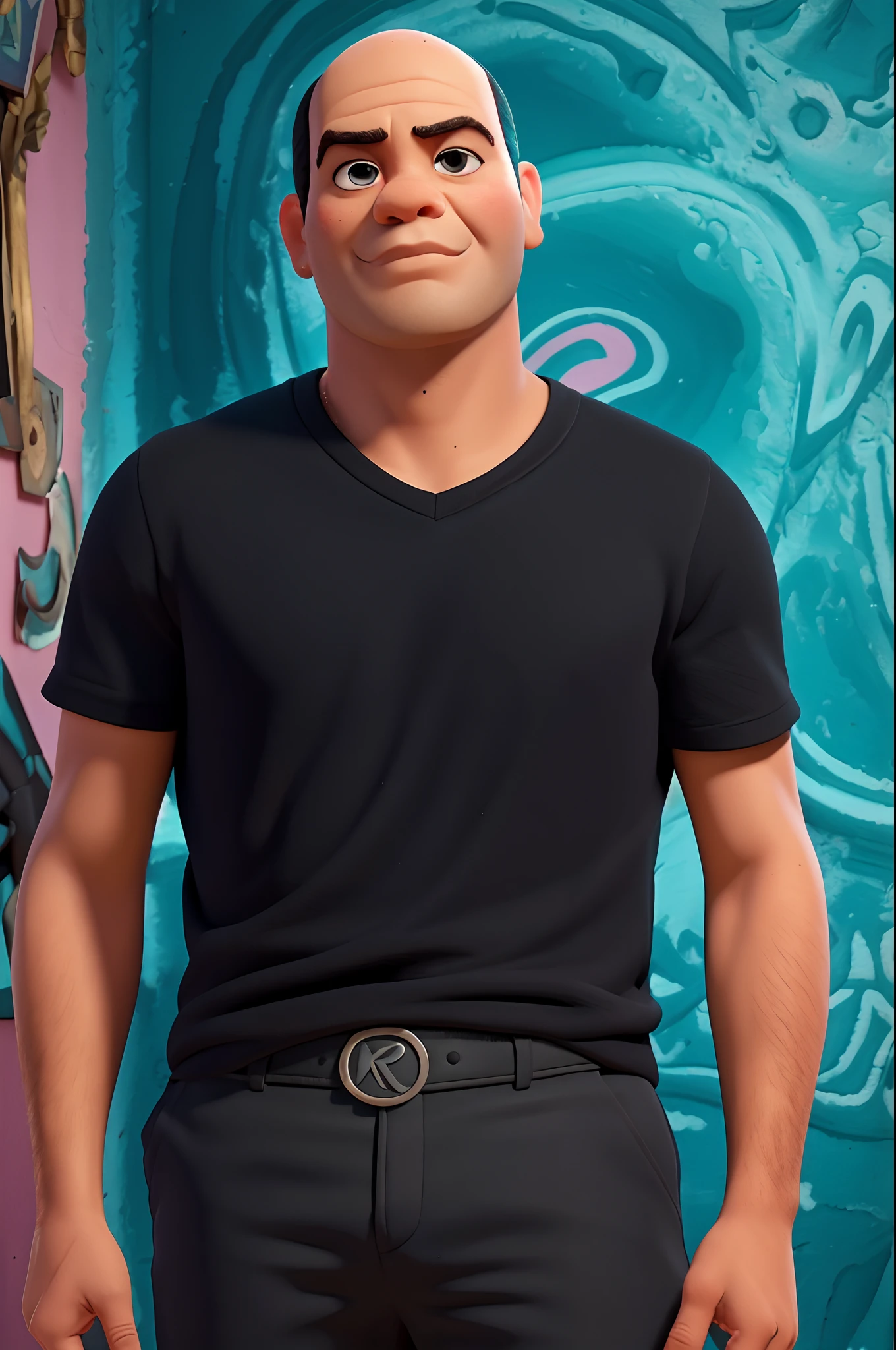 (Homem negro:1.4, best quality), (detalhes intrincados), Unity 8k papel de parede, ultra detalhado, (pastels colors:1.3), (renda) Indumentário, Beautiful and Aesthetic, 1rapaz, roupa preta gangsta, Bald 25 years man with serious face, palavras no corpo, tinta, olhos negros escuros, sozinho, estilo Pixar Disney