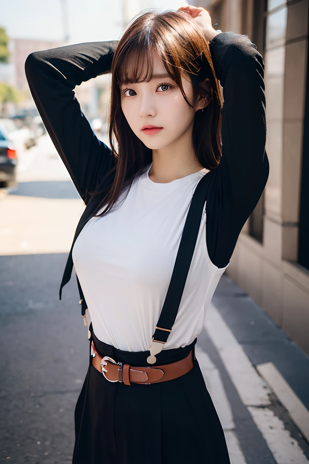 masterpiece、flat-colors、depth of fields、lens flare 1 girl、、Brown hair、watching at viewers a belt black suspenders large full breasts Armpit sweat perspiring Side of both hands walls: Black pants, Black jacket holster arm Leg holster arma Gaze Small face