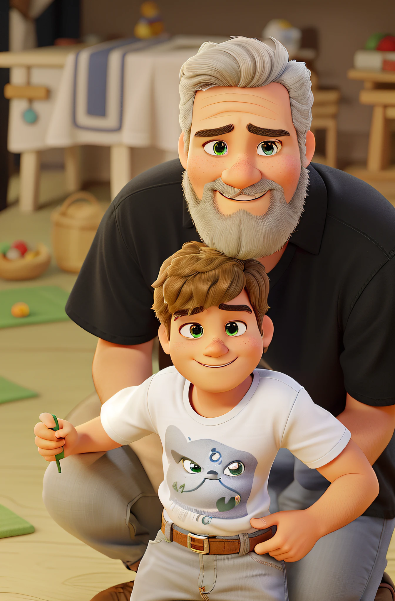Pai e filho agachados, com um parque no fundo. Disney Animation, pela branca, Cold studio lighting, evoca sentimentos de alegria, bela artista renderizando, como um personagem pixar, The father wearing dark jeans and a black shirt, o filho vestindo camisa branca e bermuda caqui. O pai: 43 anos, tem cabelo grisalho curto, medium grey beard, olhos verdes, um pouco acima do peso. O filho: 4 anos, It's blond, olhos azuis. Pixar, alta qualidade, melhor qualidade