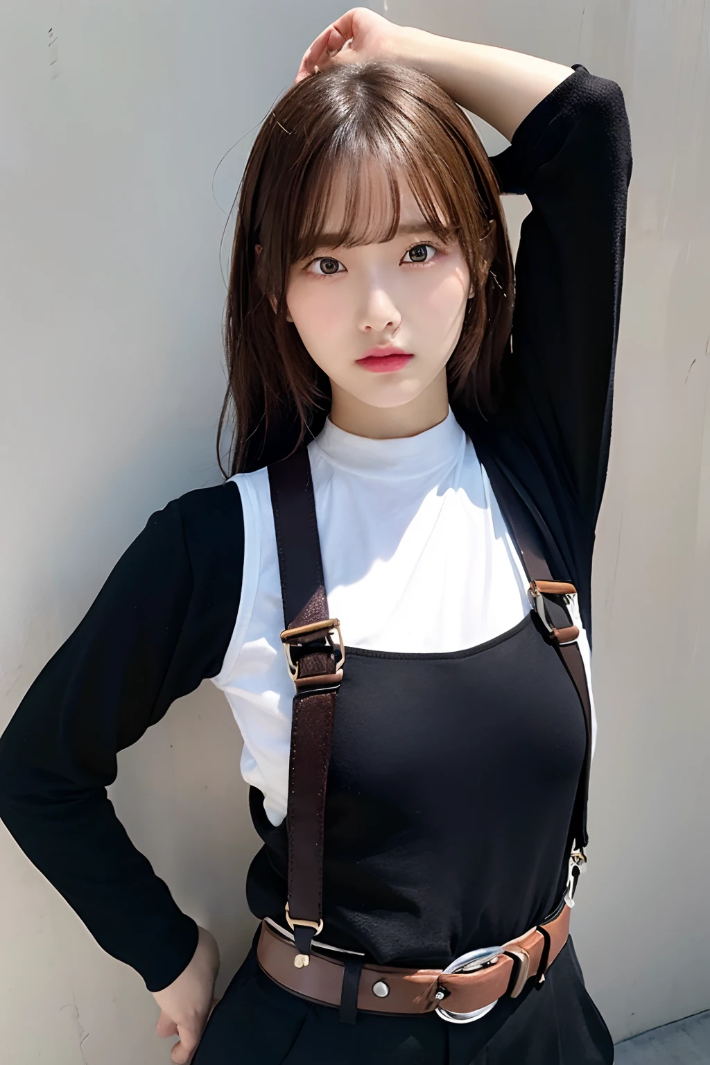 ​masterpiece、flat-colors、depth of fields、lens flare 1 girl、、Brown hair、watching at viewers　　　　a belt　black suspenders　　　large full breasts　　　 　 Armpit sweat　perspiring　Side of both hands　　walls: 　Black pants, Black jacket holster　arm　Leg holster　　　arma　Gaze　　　Small face