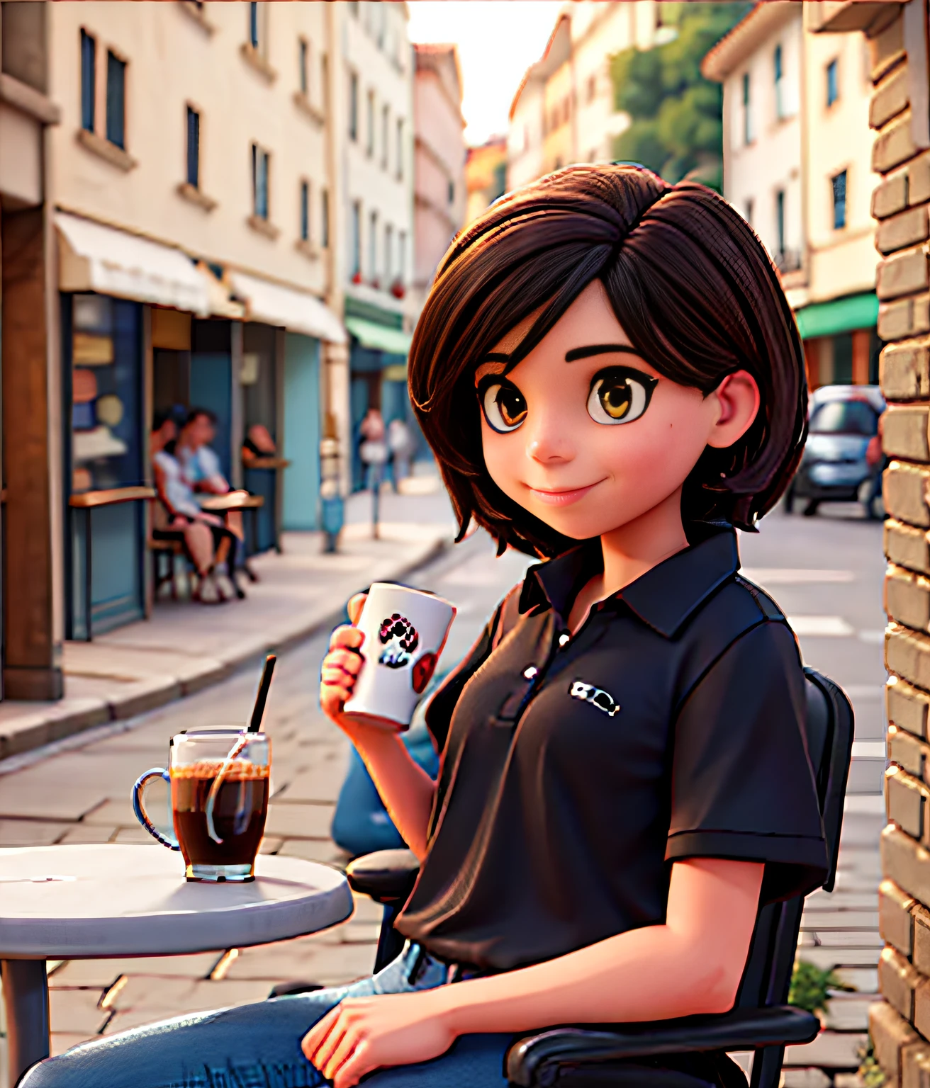 Beautiful Brazilian woman sitting and drinking coffee outside on the side of the street in a small café, beautiful face, Short black hair down to the nape of her neck with brown eyes and heavy eyeshadow, Wearing jeans and a black polo shirt, grande estilo de moda, looking at you with loving eyes and a soft smile, Background is a European city of the city center, fundo desfocado, profundidade de campo rasa, Cinematic light, luz suave, retroiluminado, micro-detalhes, renderizado, fotorrealista, cinemactic, 85mm 1.4