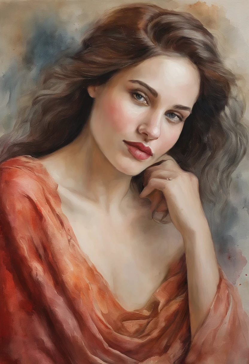 Impasto Oil Painting of a Woman, 20yr old、cute little、profile , stares at the camera,doa、fold hand with、  The background is outer space,Red Galaxy、 hyper - realistic oil painting. masterpiece artwork、wish、Reverent look、infp young woman、Dark hair、Line Light.