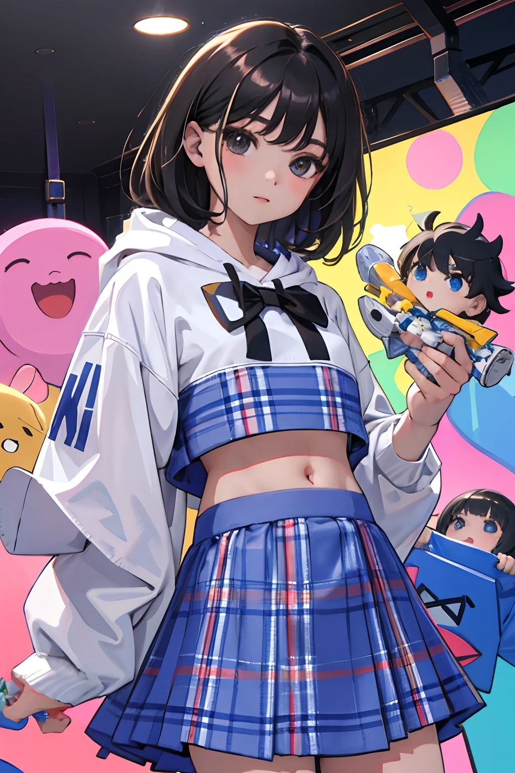 (child),(masterpiece,Highest Quality),Crop Top Look,Pastel Hoodie,(gingham checked skirt),A dark-haired,World of toys