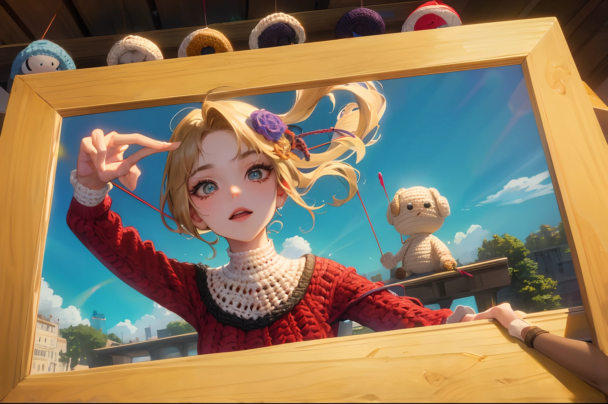 criar um post Pixar, com a personagem de cabelos castanhos, longos de lado, com luzes no cabelo, olhos castanhos, with crochet dress, with needle and strings in her hands crocheting, Scenery with partition with strings