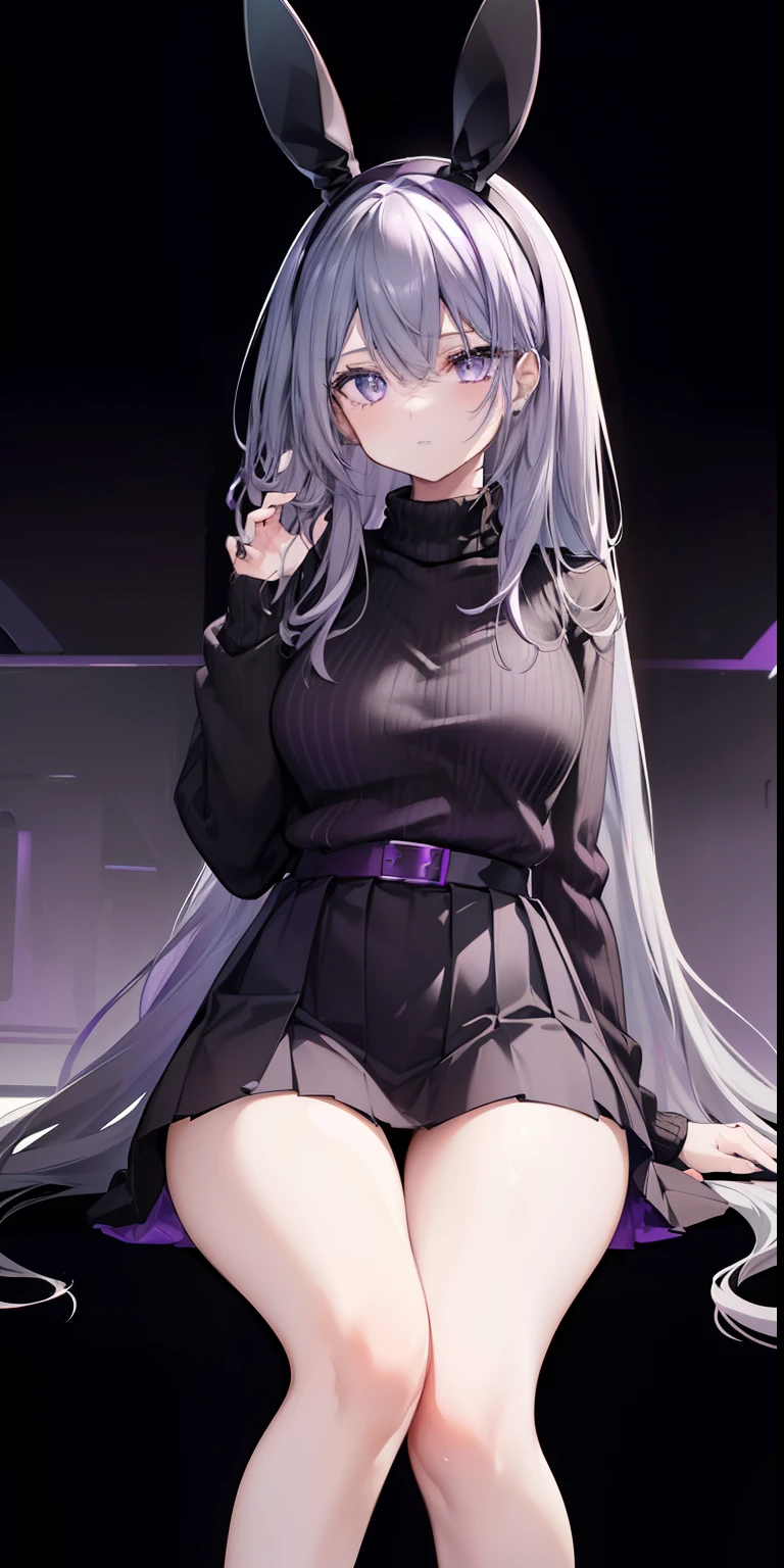 Nardack, black bunny ear shaped headband, long shiny gray hair, (hime cut), green and black mixed eyes, black-purple sweater dress, black shoes with a touch of red on the instep, ((((skirt in purple-black sweater)))), masterpiece, best quality, sensual vibe, eye shine, absurdres, high contrast, from_below, 1girl, solo, (sitting, strech_leg_out:1.2), (wide hips), (narrow_waist :1.2), (thin thigh:1.2), (large_gap_between_legs:1.3), crotch, long_legs, thighs