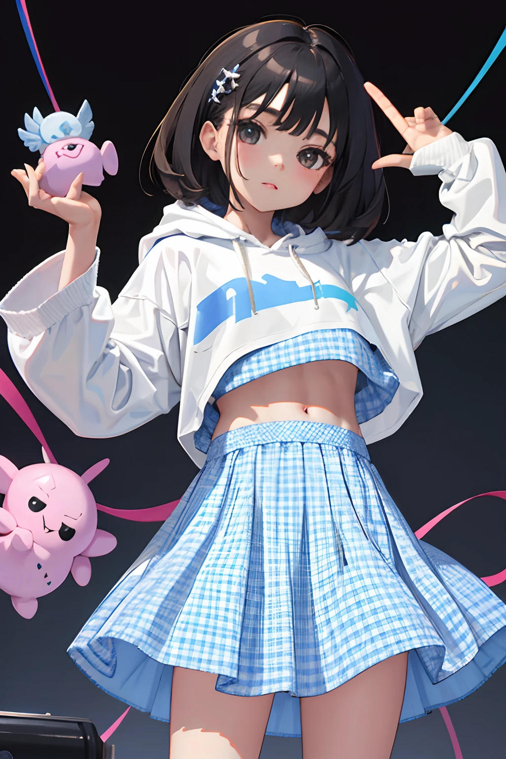 (child),(masterpiece,Highest Quality),Crop Top Look,Pastel Hoodie,(gingham checked skirt),A dark-haired,World of toys