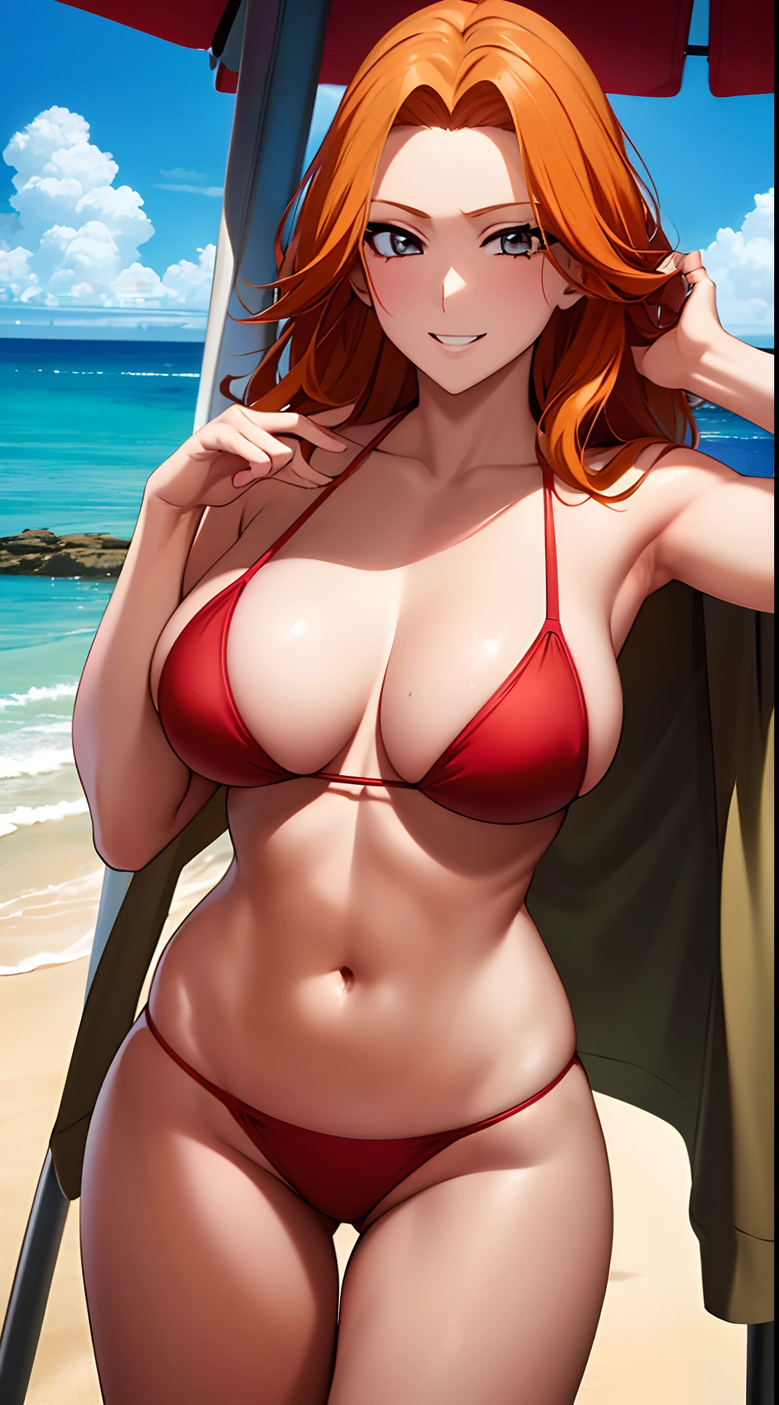 1girl in, Orange hair, Gray eyes, (a red bikini:1.3), thighs thighs thighs thighs, Detailed face and eyes, masutepiece, Best Quality, 4K, nffsw,A smile、(the beach:1.3)、cowboy shot、Naughty big、large full breasts、