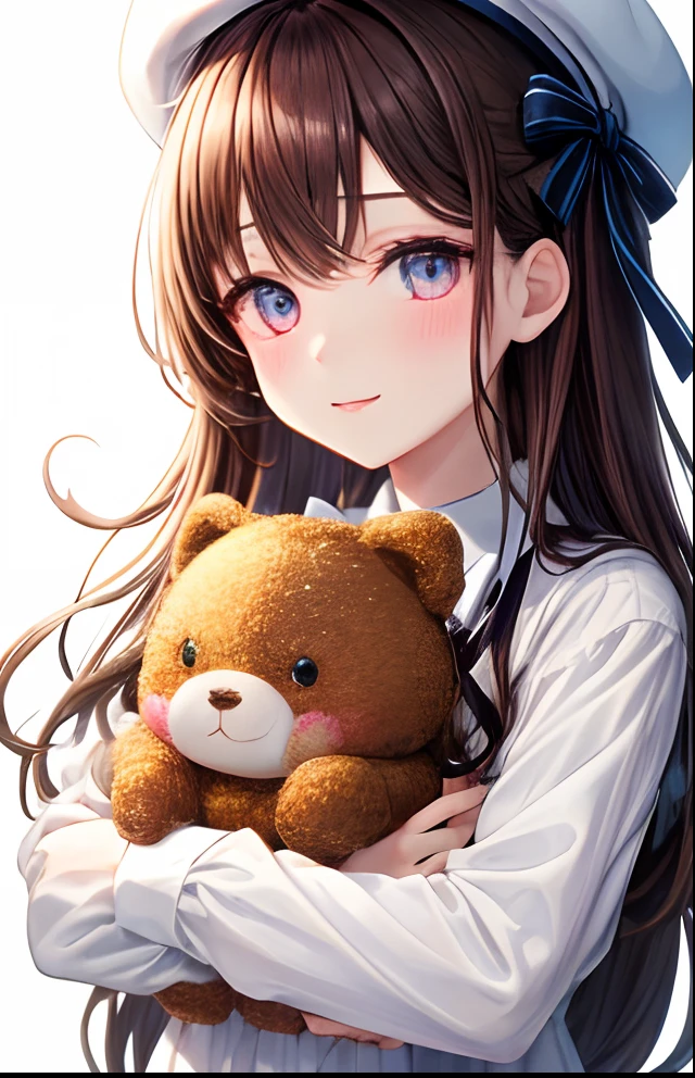 girl with、No background、without background、light brown hair、ocher hair、ocher eyes、animesque、Glitter eyes、White cap、frilld、White Long Sleeve Dress、Long sleeve dress in white、bow ribbon、kawaii、childish、without background