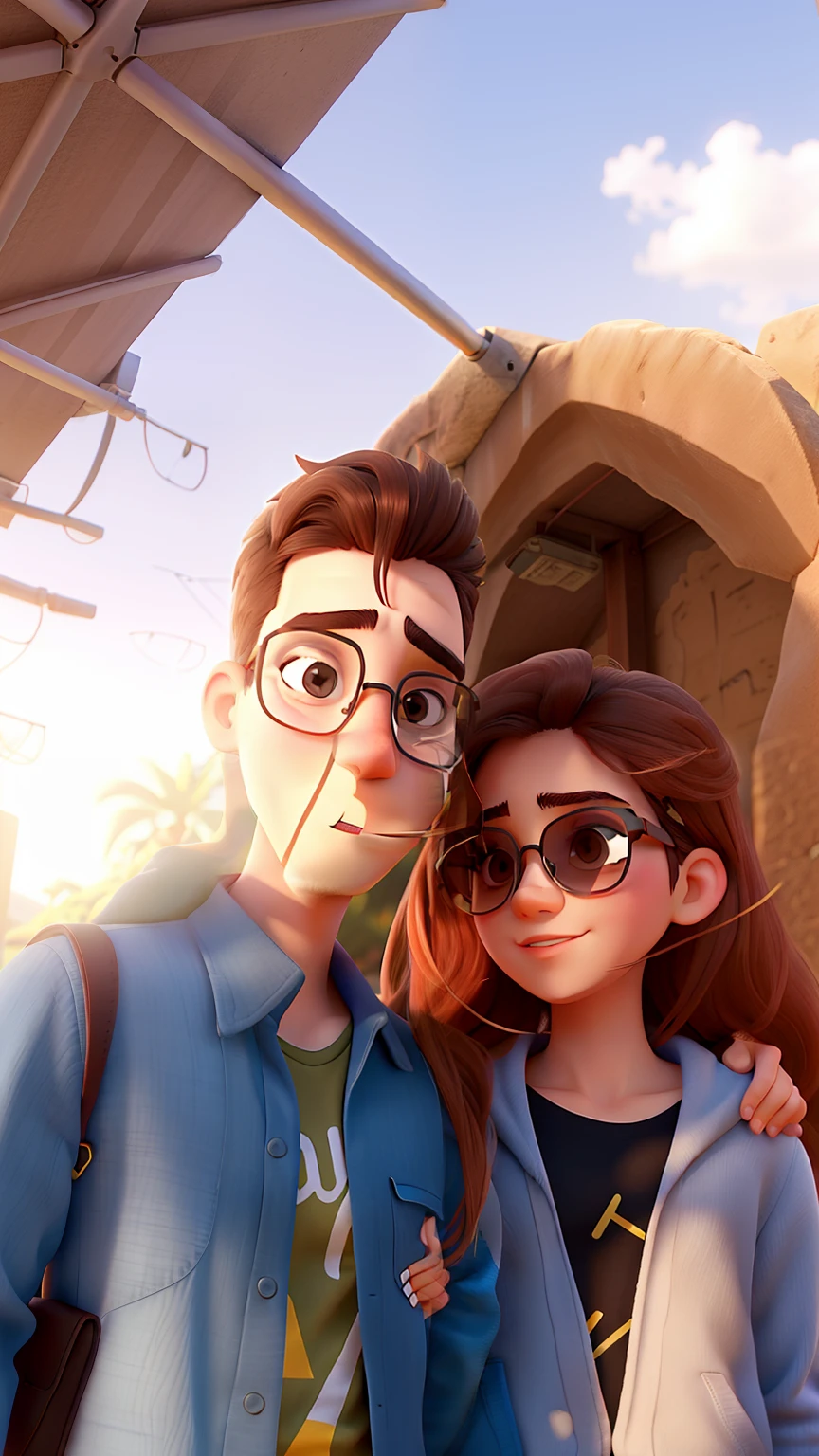 Young couple with sunglasses and passionate look. O jovem rapaz tem barba no rosto todo. The two of them are in a very beautiful background landscape