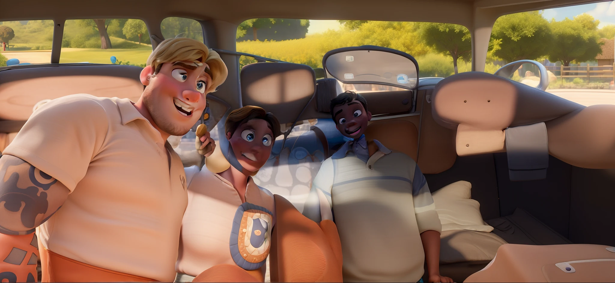 Obra-prima ao estilo Disney/Pixar in high quality and high resolution. The woman in the front is blonde and the man has black hair.