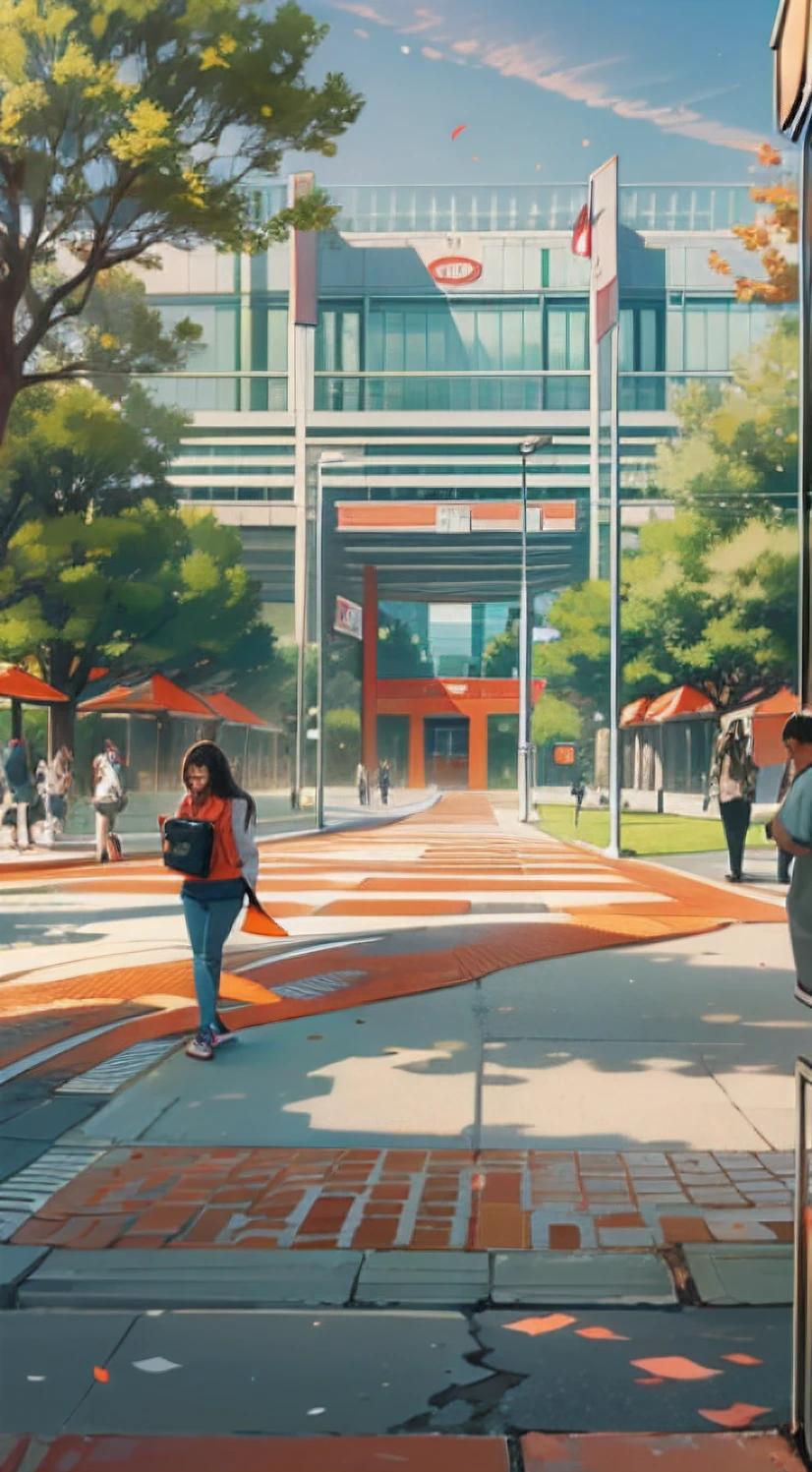 A large high school campus, a huge open silver gate, a paved courtyard, a red and orange mosaic sidewalk, trees and grass on both sides, students moving randomly.