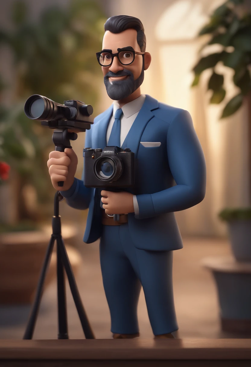 personagem dos desenhos animados de um homem de barba preta com alguns pelos brancos pequena, Bald man with black glasses and a blue shirt and blue blazer, Holding a camera on a black tripod. animation character, Caractere estilizado, animation style rendering, 3D estilizado, Arnold Maya render, 3 d render stylized, toon render keyshot, Personagem 3D, Personagem 3D, 3d rendering stylized, 3 d character render, personagem de desenho animado, Personagem de close up, Pose de personagem, (Estilo Pixar) (master part:1.2) (Bokeh) (best quality) (pele detalhada) (textura detalhada) (8k) (argila) (Cinematic lighting) (foco nítido