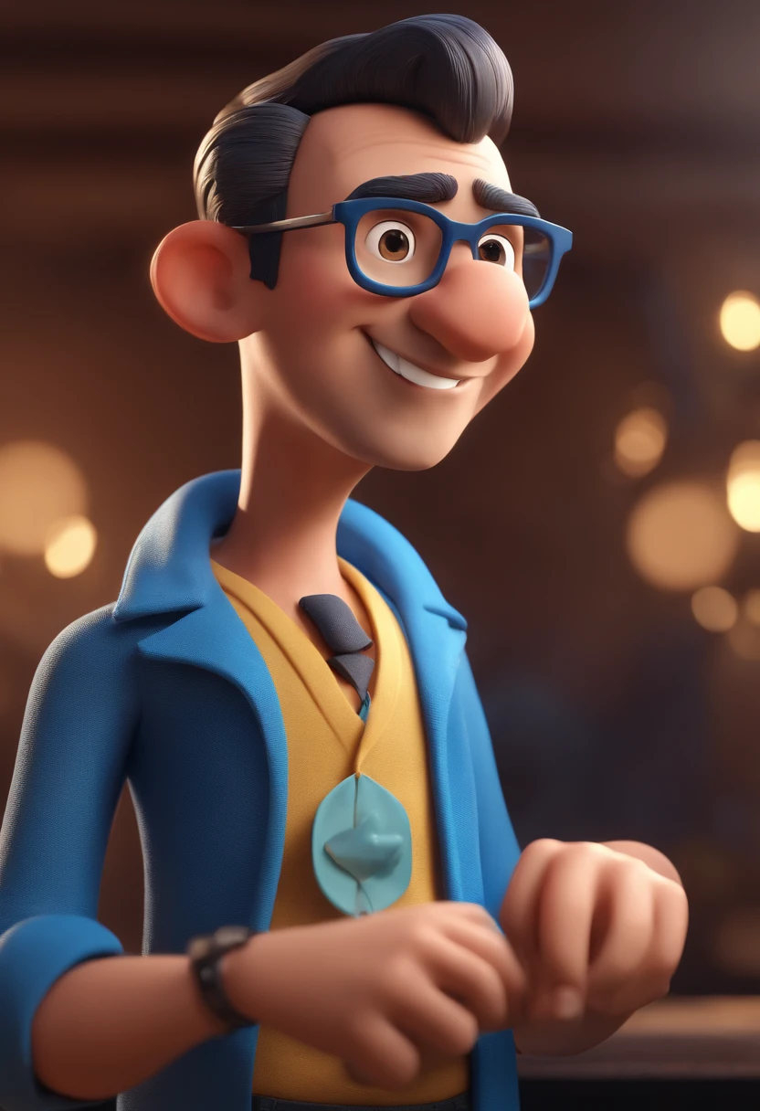 Cartoon character of a man with black glasses and a blue shirt, animation character, Caractere estilizado, animation style rendering, 3D estilizado, Arnold Maya render, 3 d render stylized, toon render keyshot, Personagem 3D, Personagem 3D, 3d rendering stylized, 3 d character render, personagem de desenho animado, Personagem de close up, Pose de personagem, (Estilo Pixar) (master part:1.2) (Bokeh) (best quality) (pele detalhada) (textura detalhada) (8k) (argila) (Cinematic lighting) (foco nítido