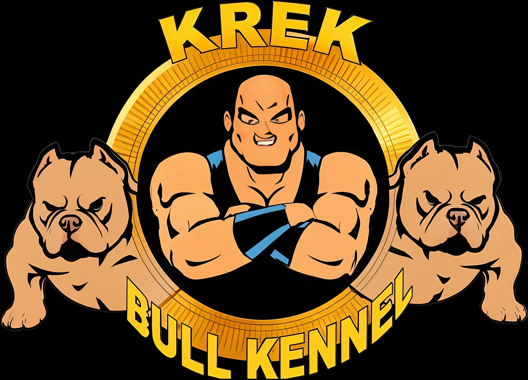 two American Bully and a bald one in the center and the name Krek Bull Kennel