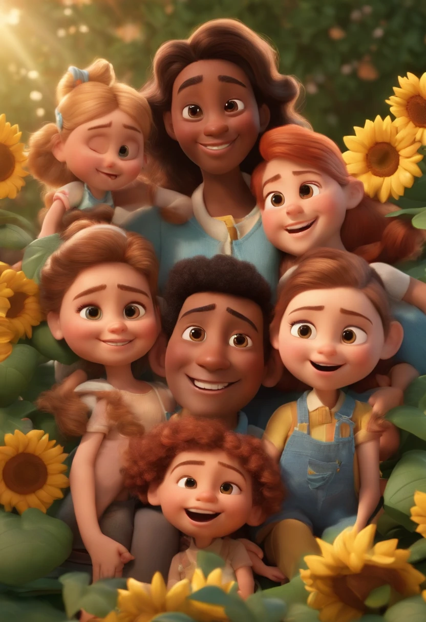 Create a Disney PIXAR-style 3D poster. ((centro da imagem, Triplets)), ((3 children)) ((1 no meio e 2 meninaado, They're hugging each other, O menino tem pstanha e cabelos castanhos escuros e olhos castanhos escuros, 1 menina tem pele cllhos e cabelos escuros e cacheados, e a outra menina tem pele morena, escuros e cabelos escuros e lisos)) ((tudo isso no estilo Disney PIXAR 3D, In the background, A house of sunflowers, Gloria Studio, The garden is full of nature 3D render RTX clay material, estilo de design cartunesco, POP Mart, soft lighting, linhas suaves, Spring tilt, Detailed illustrations of PIXAR 3D, Detalhes hiper-realistas, cor quente no estilo Disney PIXAR 3D))
