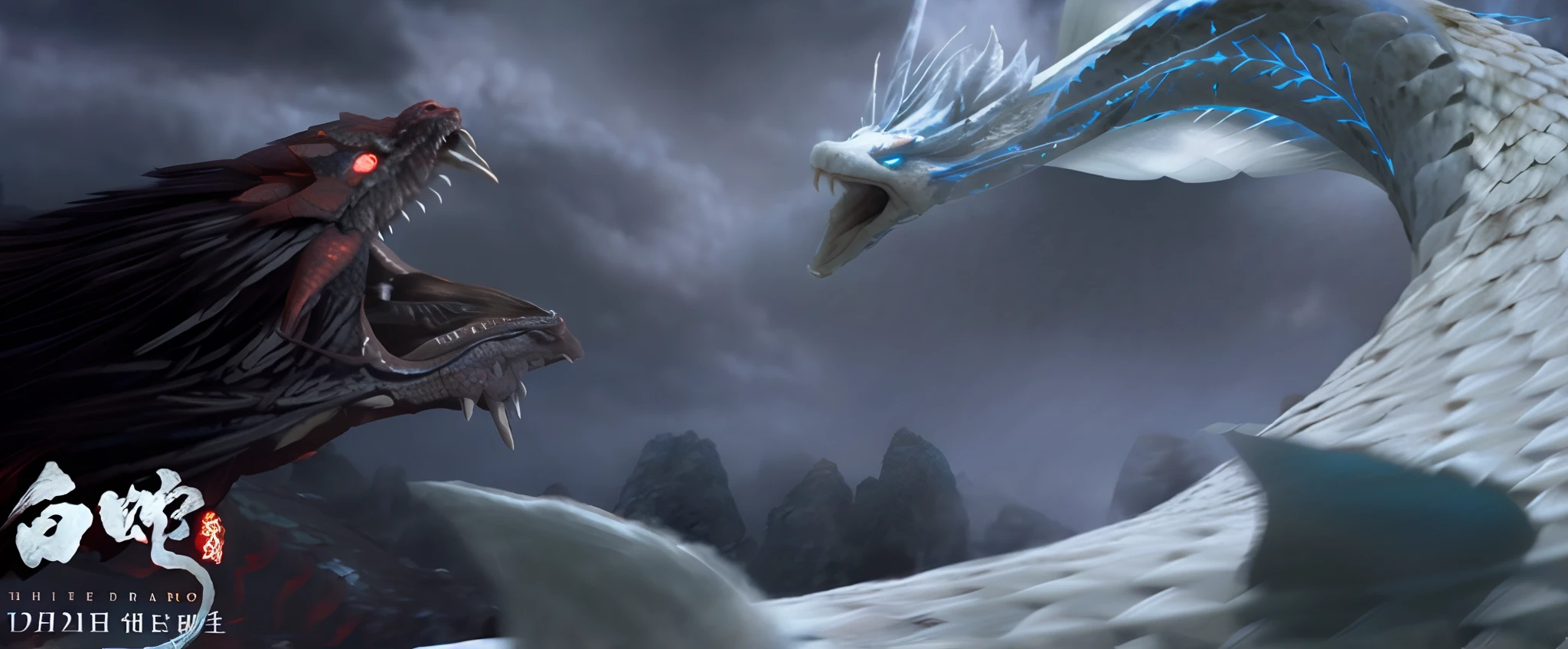 The scene features a dragon and a dragon-like creature, Frost Dragon, dragon flying in the background, battle with dragon, CG art, lightning dragons attack, Dragon in the background, dragons flying in the sky, fantasy movie still, .CGI, dragons flying around, Ice and fire, charging through a dragons lair, giant dragon flying in the sky