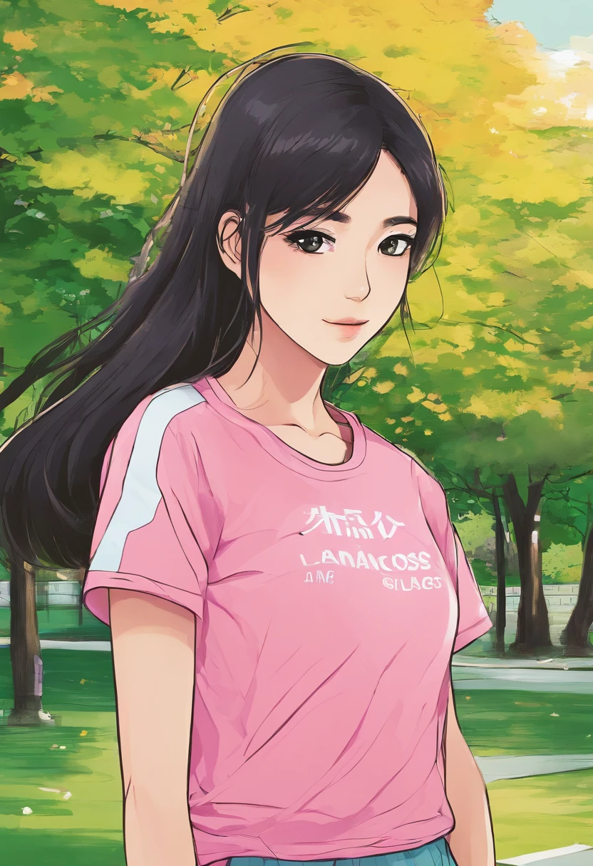 A young woman of Japanese descent, You're in the park runnin'. Ela tem cabelos pretos e lisos, olhos castanhos escuros. She's wearing black leggings and a pink t-shirt