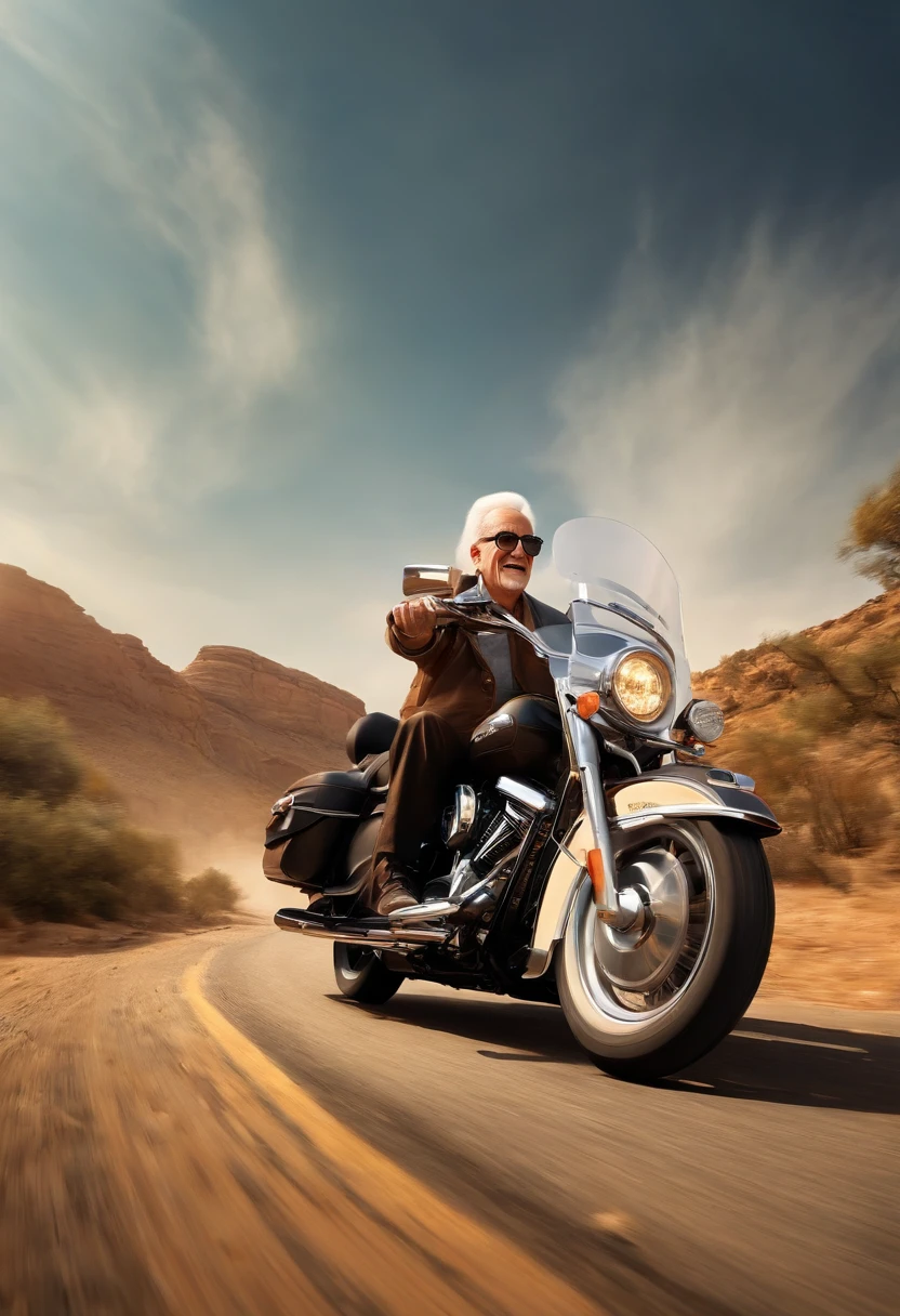 a 3D Disney Pixar poster of an elderly man with glasses, careca, pilotando uma Harley Davidson ultra glide em uma viagem de moto. (altamente detalhado:1.2), Realistic depiction of a senior man with glasses, entusiasta do motociclismo, with great attention to facial expressions and wrinkles, cena com cores vibrantes, Background with scenic landscapes and iconic landmarks, arte profissional, Capturing the joyful spirit of adventure and freedom, dynamic compositing, Beautiful lighting and shading, Capturing the essence of the open road.