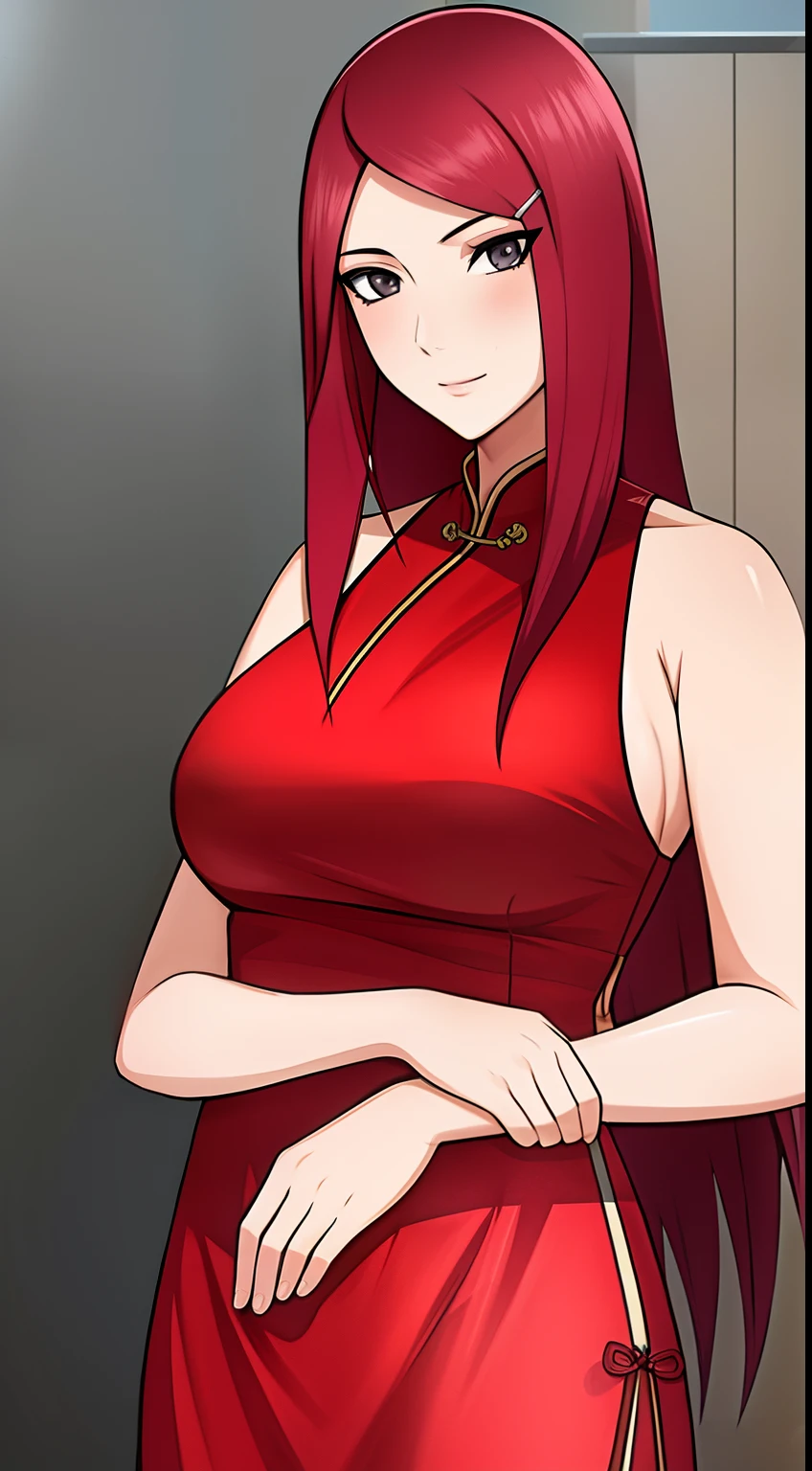 uzumaki_Kushina, Large_Breasts, standing, Solo, （on cheongsam）, Masterpiece, Best quality, Detailed face, Detailed eyes, A high resolution,A half body，from the front side