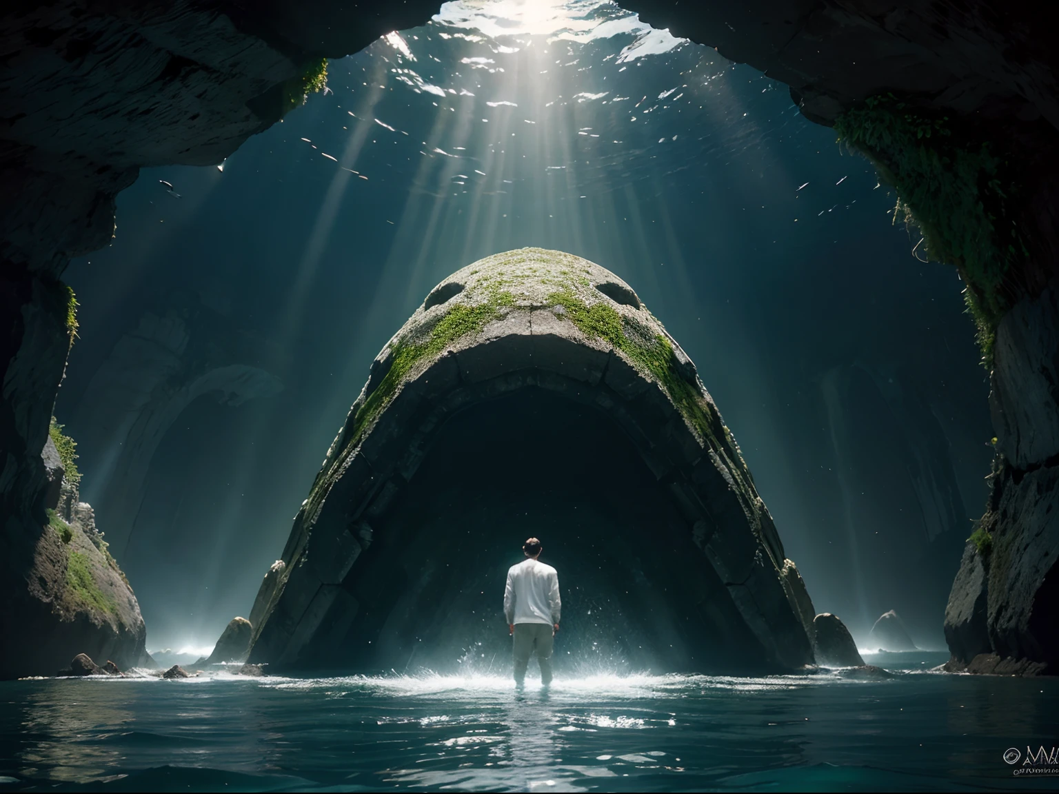 Beksinski ciudad sumergida,((dentro del oceano sumergida,A big, green Atlantean city)) ,restos de una gran ciudad en forma de abanico sumergida en las profundidades del oceano con una luz verde , , foto maestra ,8k con filtros, (( hiperrealismo, hombres con tunicas  blanca con capucha ,tunica blanca con una ralla vertical))