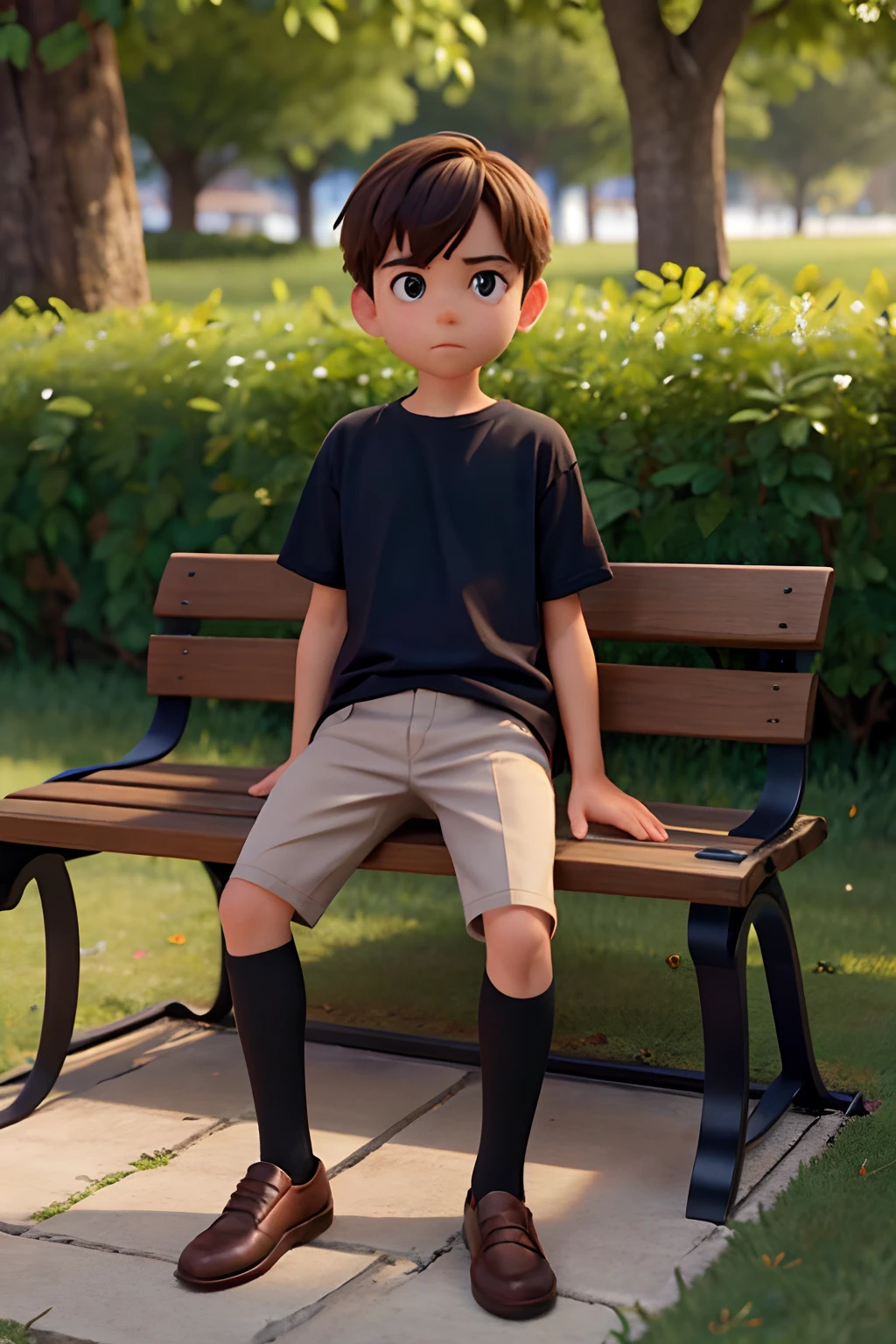 A imagem mostra um menino sentado em um banco de madeira, which is located near a fence. The boy is wearing a black shirt and appears to be looking at the camera. The bench is positioned in the middle of the scene, com a cerca estendendo-se para os lados esquerdo e direito da imagem. The boy's posture and the presence of the bench suggest that this could be a park or a similar outdoor environment.Gere essa imagem no estilo de anima