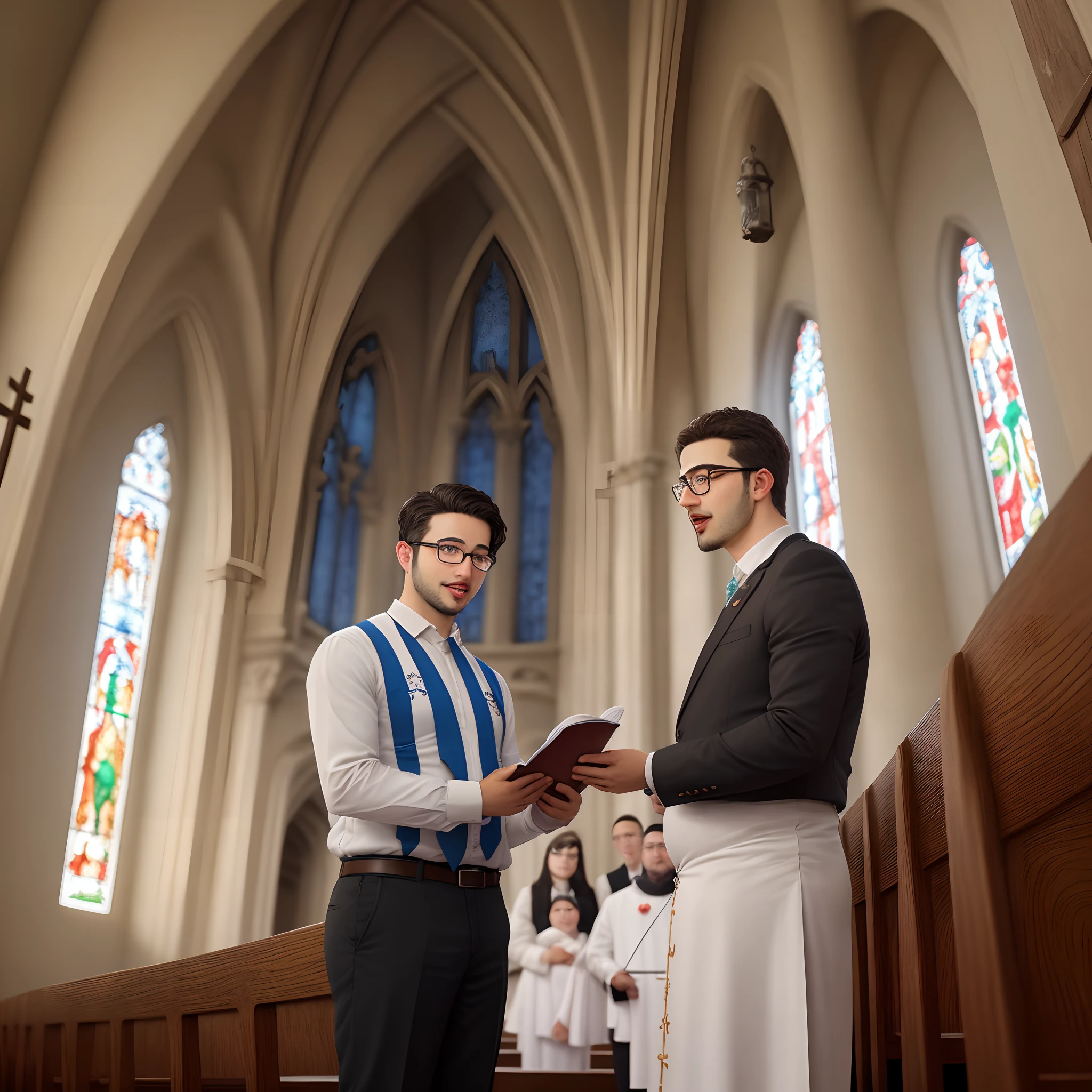 Pastor, gordinho, moreno, With eye Glasses, pregando na igreja