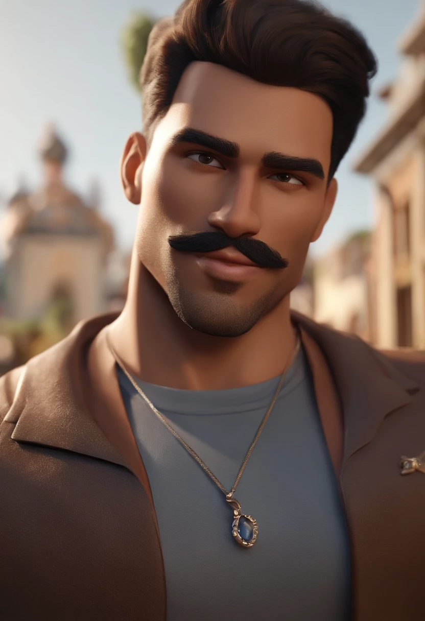personagem dos desenhos animados de um jovem de 20 anos, cabelo curto em cima quase raspado e raspado dos lados, com um bigode fino e barbicha no queixo, animation character, Caractere estilizado, animation style rendering, 3D estilizado, Arnold Maya render, 3 d render stylized, toon render keyshot, Personagem 3D, Personagem 3D, 3d rendering stylized, 3 d character render, personagem de desenho animado, Personagem de close up, Pose de personagem, (Estilo Pixar) (master part:1.2) (Bokeh) (best quality) (pele detalhada) (textura detalhada) (8k) (argila) (Cinematic lighting) (foco nítido
