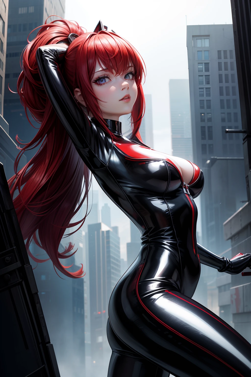 solo, super fine photo, portrait digital art Unreal Engine 5 8K UHD of a girl, concept art, character concept design, fetish clothing, rubber clothes, wearing red latex bodysuit with straps, long black latex gloves with straps, latex high heels, long pony style black and red hair, seducing face, cyberpunk fashion design, walking in futuristic city fantasy background, best quality, masterpiece, super detailed, sharp focus, female pose