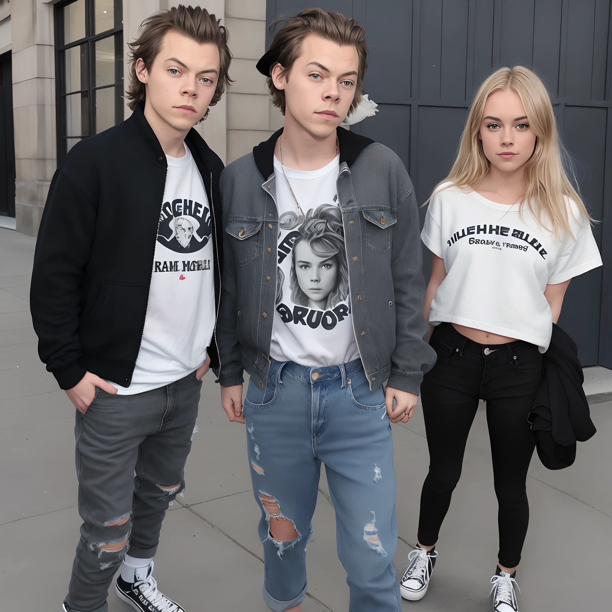 Could you create an image with Harry styles next to a white girl?, au yeux marrons, blonde hair a little dark , 1.60 metres. La fille porte un jean bleu large avec des converse noir et un pull noir, Harry Styles a les cheveux courts il porte un pull gris avec un short large et des basket