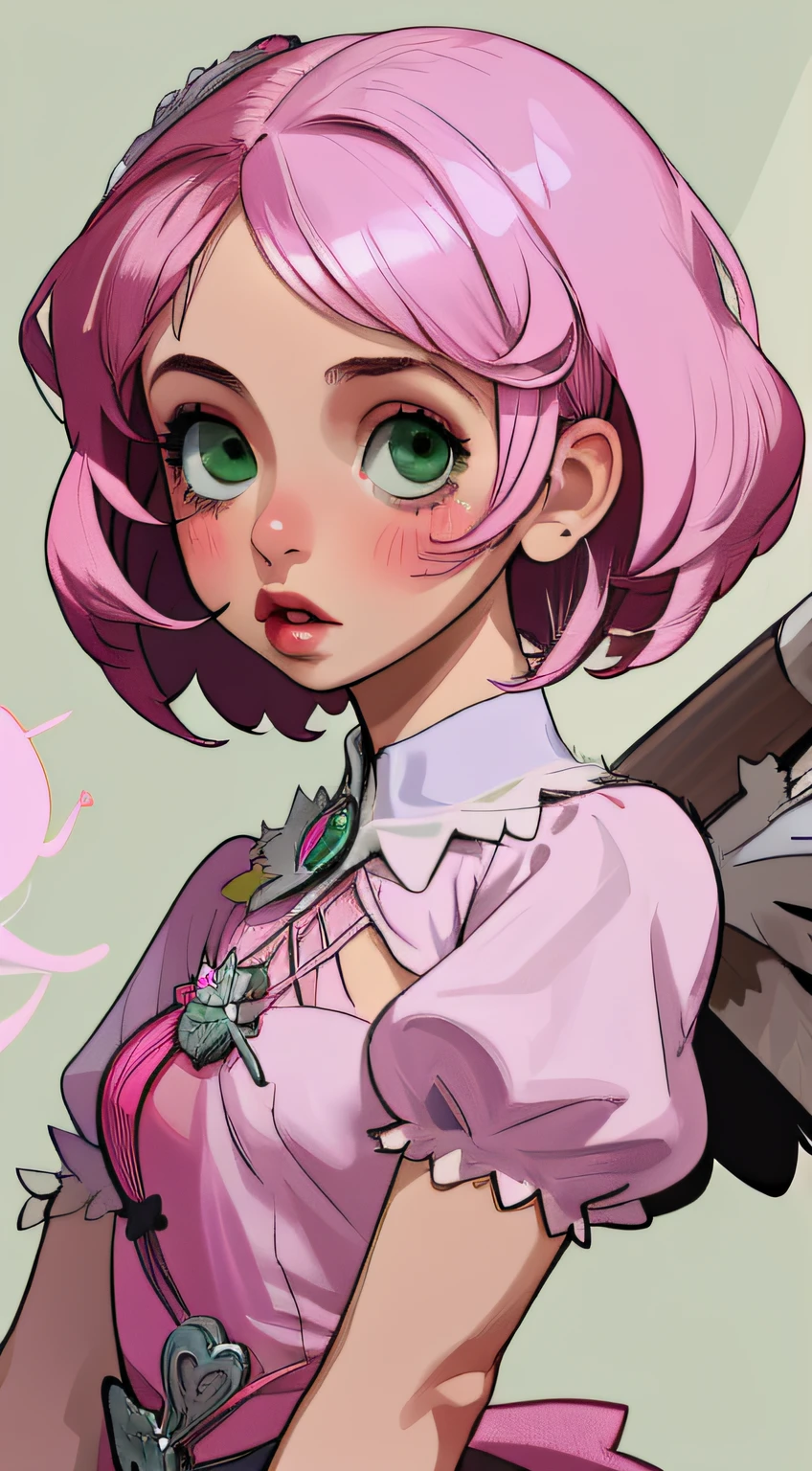 Alisa bosconovitch, melhor qualidade, contemporary, estilo plano, minimalismo, Green Eyes Flat Illustration, cabelo rosa, cabelo curto, cabelos multicoloridos, Camisa Preta, mechanical wings, Head Portrait Close-U, peito pontudo, decote, super decote, middlebreasts, Tekken,cabelo rosa pastel, 1girl, em quimono, hand-painted,Desenho de linha sem cor, colorida do yandere pastel, Tekken, Super cute pink hair girl with gothic makeup on the side, com roupa de empregada,figura esbelta,robusto,He sat on the floor,Vestido com roupas de empregada rosa e branco,cabelos muito curtos,com orelhas de gato,quadratic element,, kawaii cor-de-rosa na roupa da era de 1910, Alisa Bosconovich pink lips, no estilo da paleta de cores suave aurorapunk, an anime illustration of his face, gifs animados, hand drawn animation, charming sketches, suave e brilhante, romantismo nebuloso, Estilo Superflat, fundo branco - ar 1:1 - niji 5 - estilo expressivo --s 50 ,Pink kawaii girl in the era of 1920s clothesPink eagles, vestindo uma camisa branca brilhante, no estilo da paleta de cores suave aurorapunk, an anime illustration of his face, gifs animados, hand drawn animation, charming sketches, suave e brilhante, romantismo nebuloso, Estilo Superflat, fundo branco - ar 1:1 - niji 5 - estilo expressivo --s 50, Absurdo, Alto, ultra detalhados, (1girl:1.3), quebrar , Crie uma imagem com uma bela caligrafia