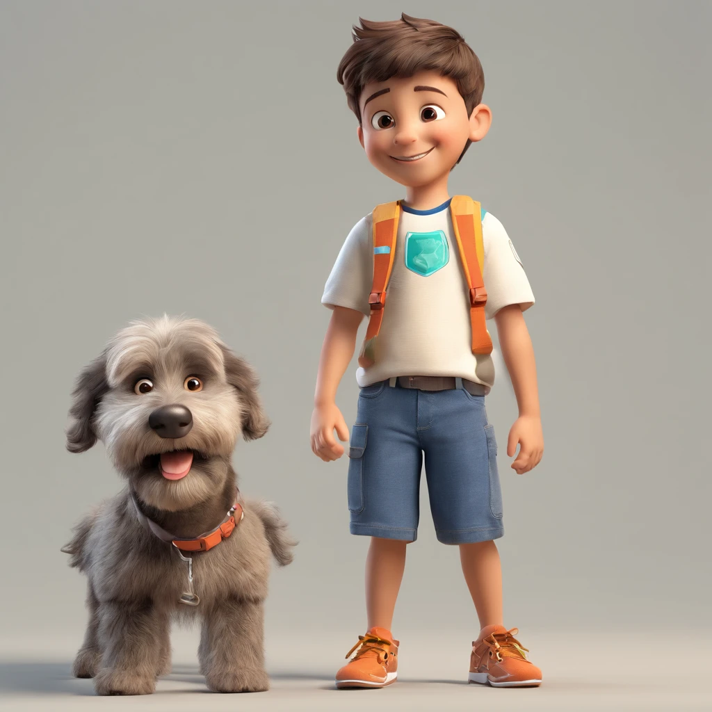 Lucas is a smiling 5-year-old human boy, com seu fiel amigo, Bolt, o cachorro schnauzer, deitados no jardim