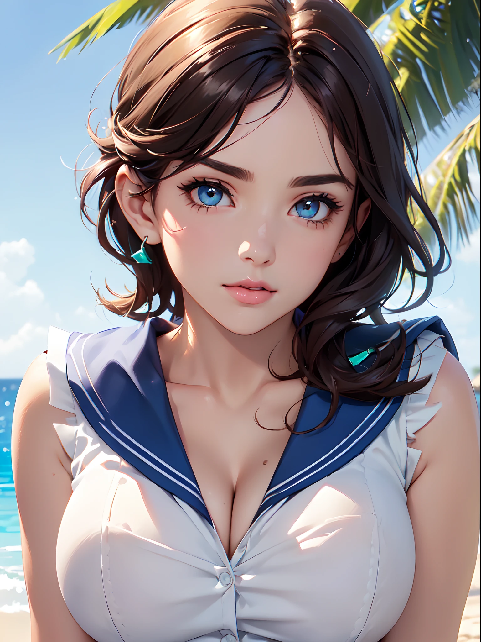 Close  up of face, beautiful face, cute face, (((toppless))), (((sheer sailor  shirt , Sleeveless ))), (((Show off  cleavage))), (((Large breasts))), (((Open front))), Detailed beautiful eyes, (((Sunny))), extremely detailed CG unified 8k wallpaper, very fine 8KCG wallpaper, (​masterpiece, Best Quality), High resolution, Ultra-detailed, ultra-sharp, 1 girl, Naked, perfecteyes eyes