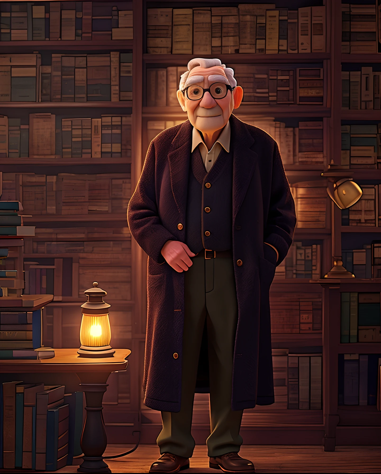 A wise old man standing in front, illuminated by the light of a lamp, against the backdrop of a library